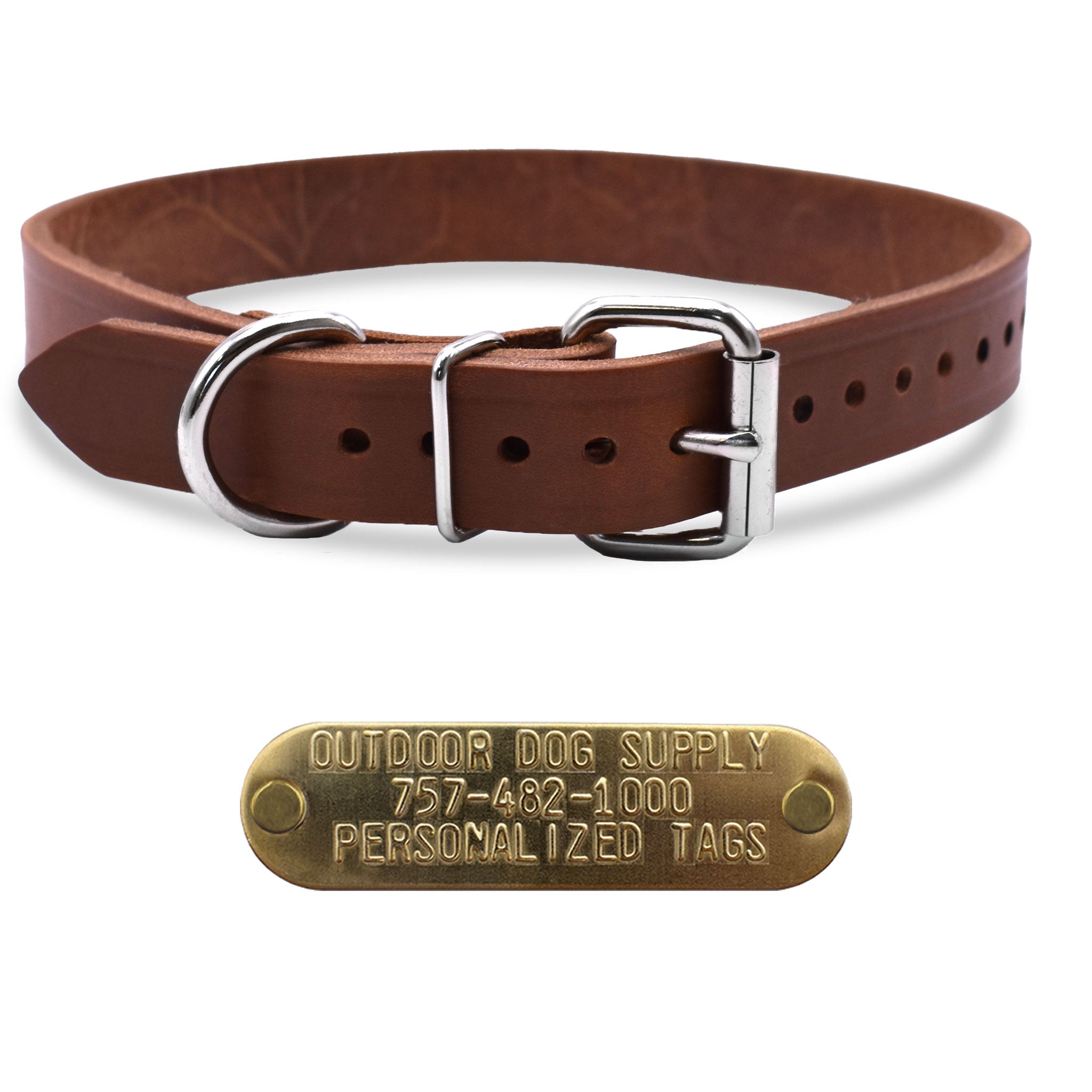 1" Leather Dog D Ring Collar with personalized nametag