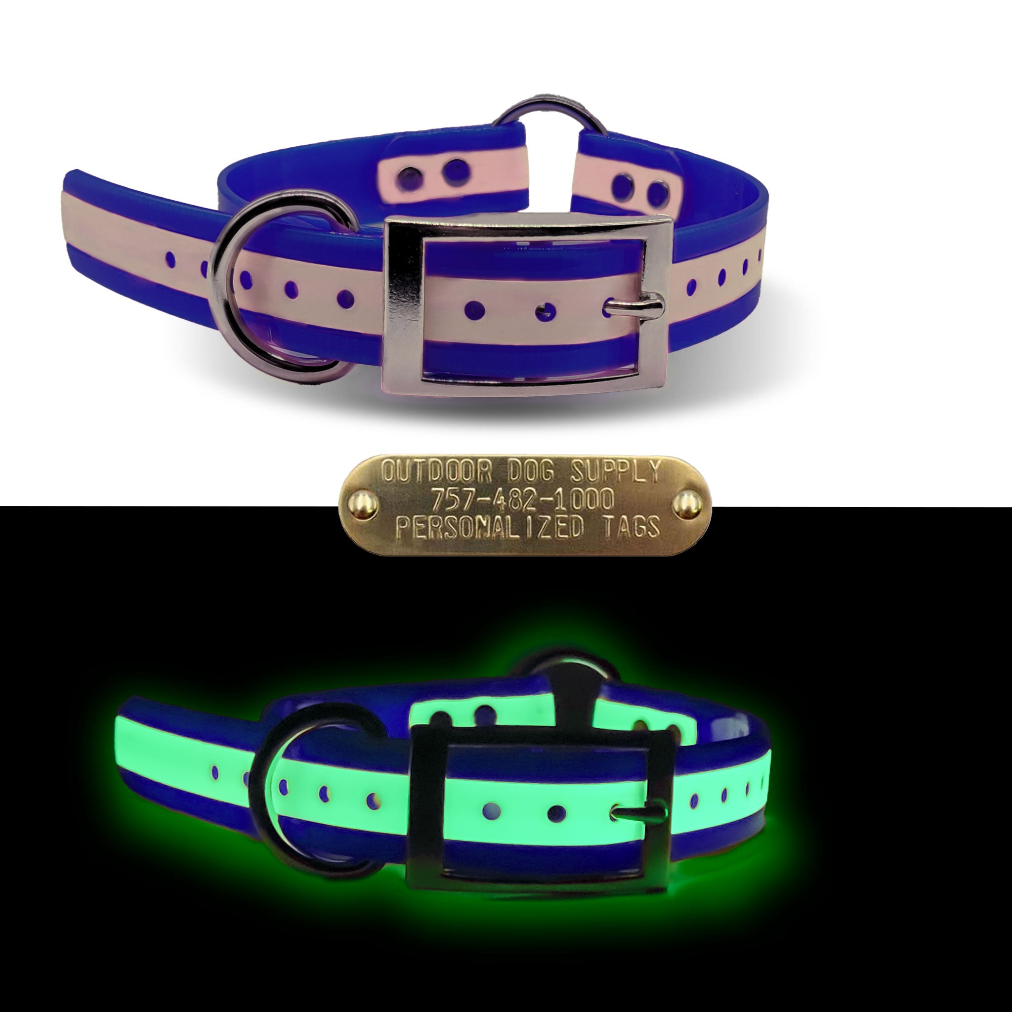 1 inch wide blue glow in the dark collar with center ring