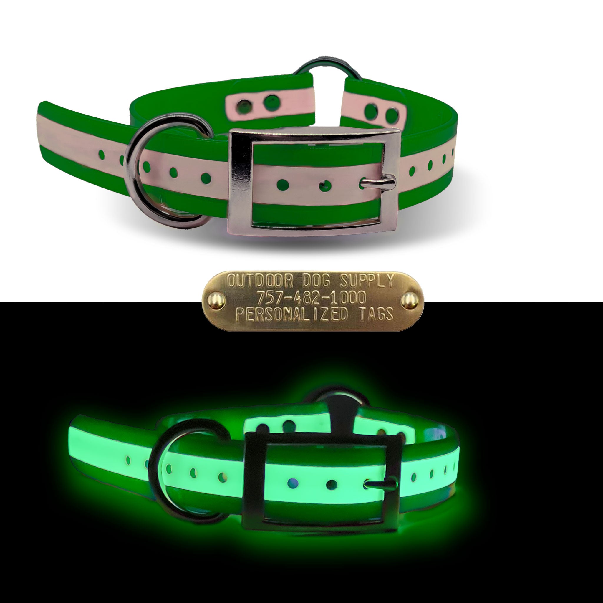 1 inch wide lime green glow in the dark collar with center ring