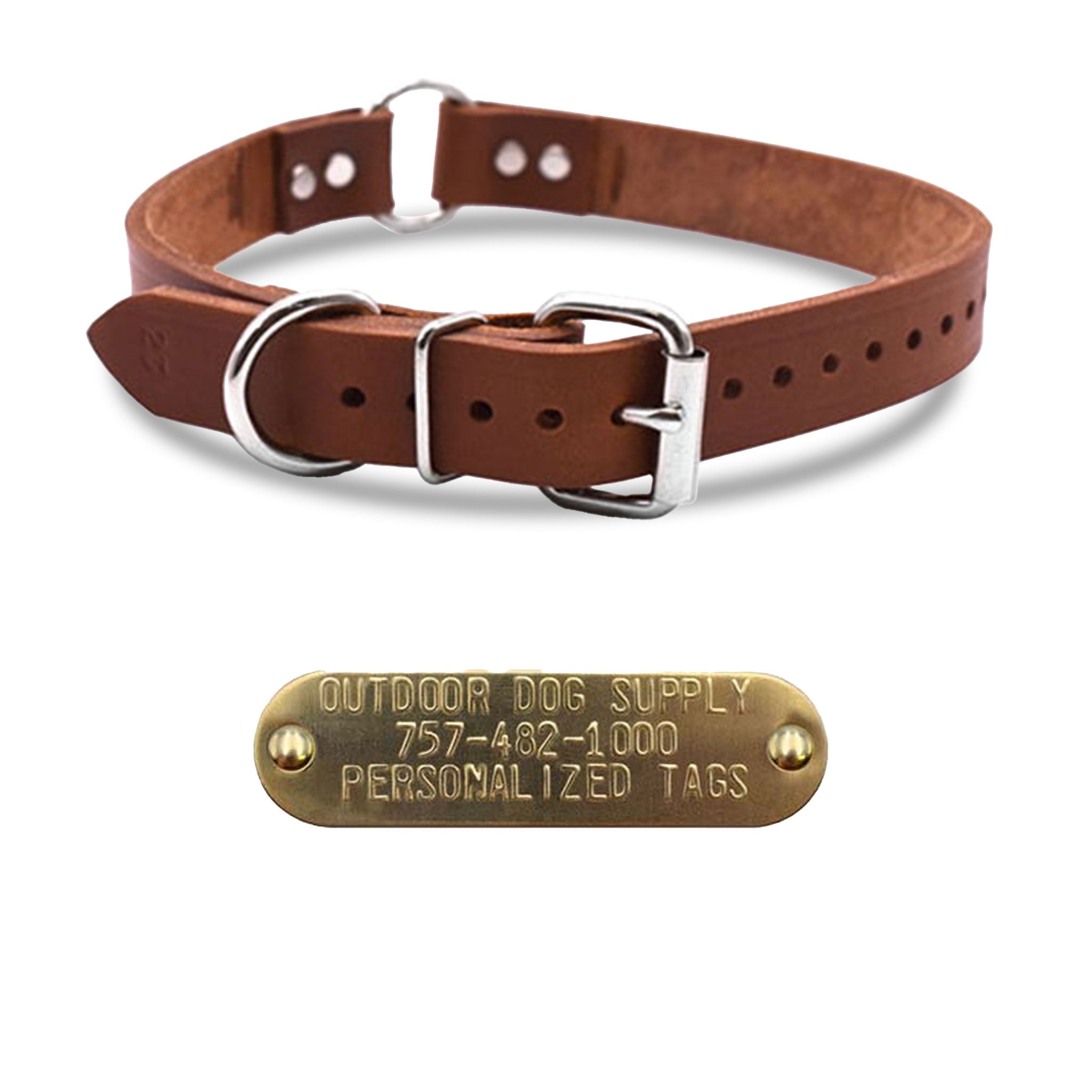 1" Leather Dog Center Ring Collar with personalized nametag