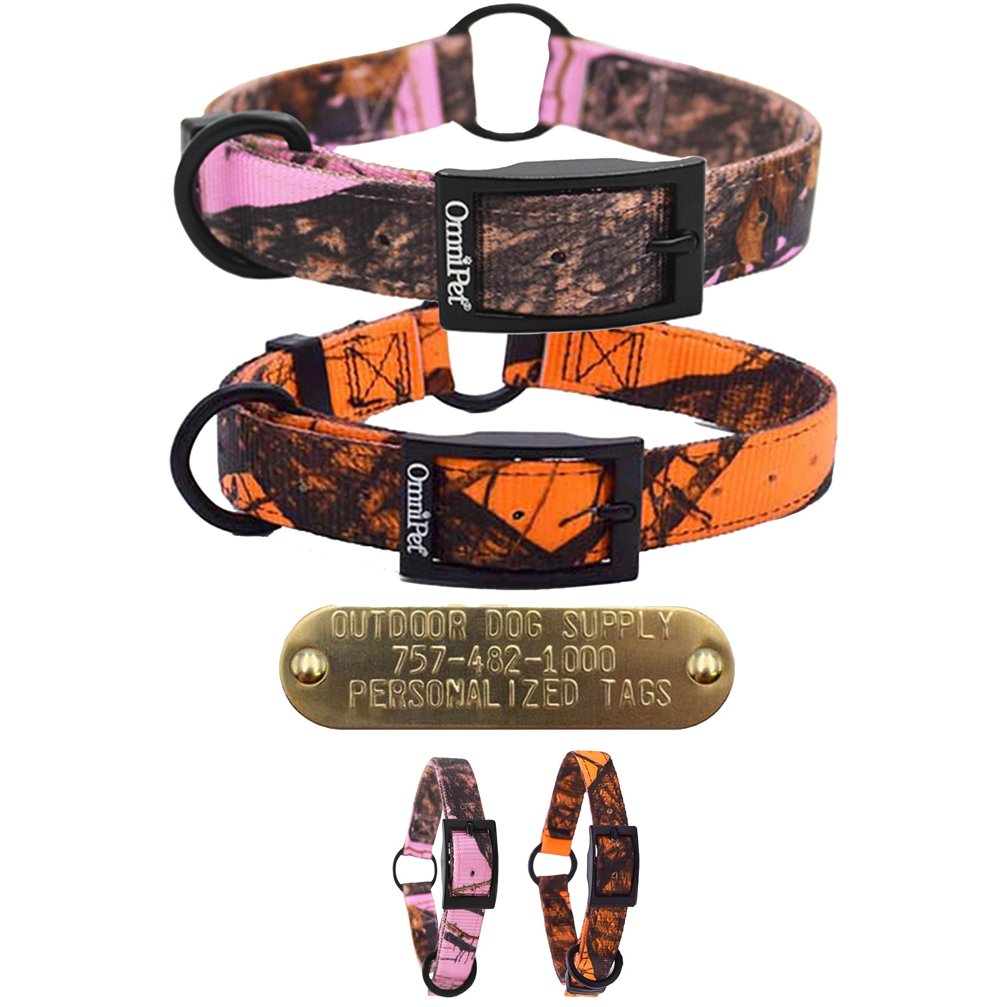 1" Nylon Camo Collars center ring style with customized nameplate- multi color