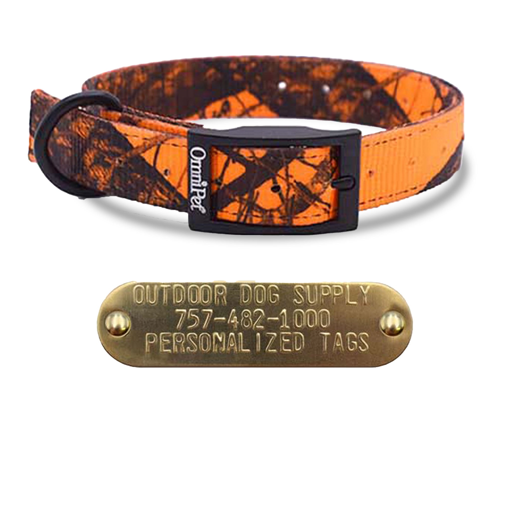 1" Nylon Camo D Ring Collar with personalized nameplate- orange camo