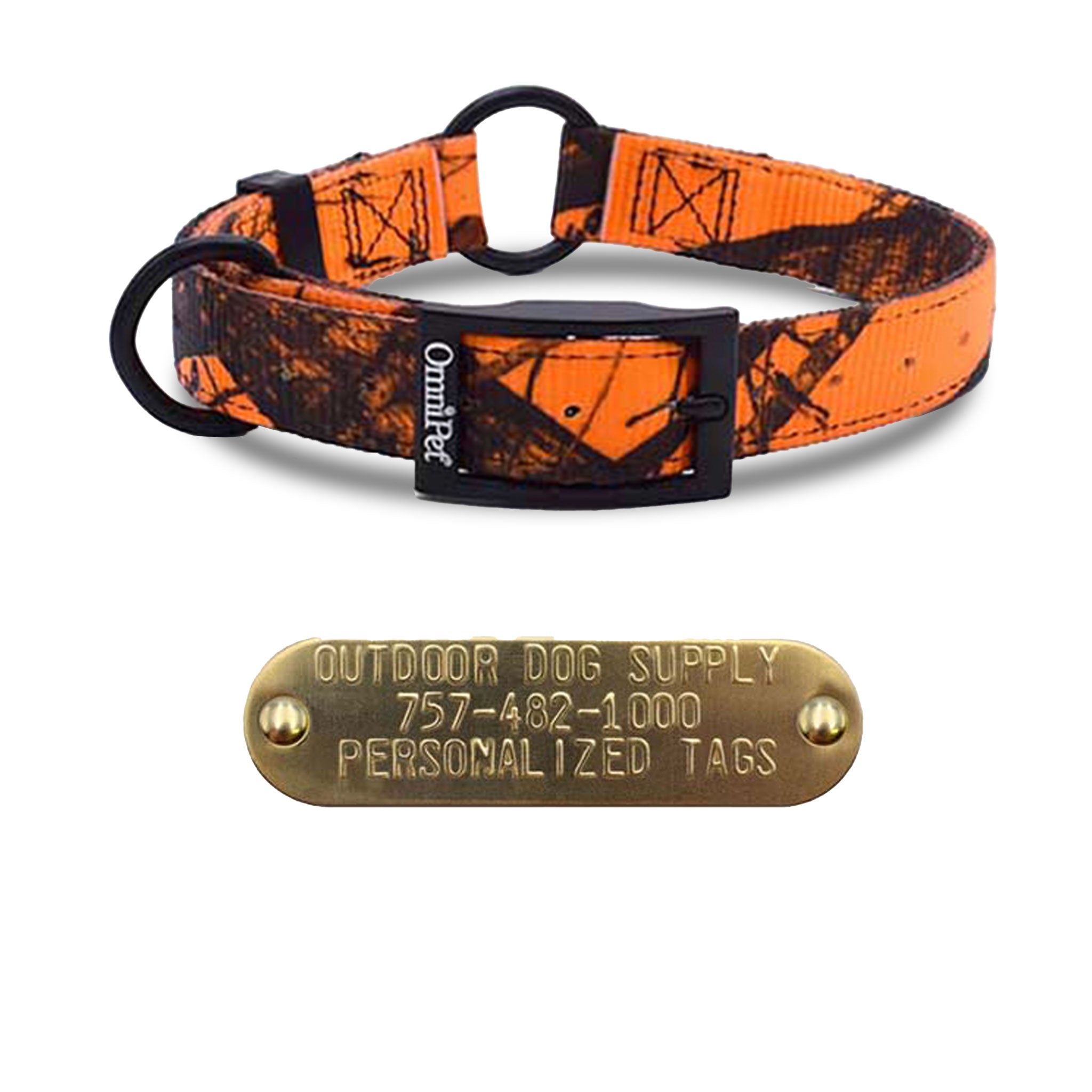 1" Nylon Camo Center Ring Collar with personalized nameplate- orange camo
