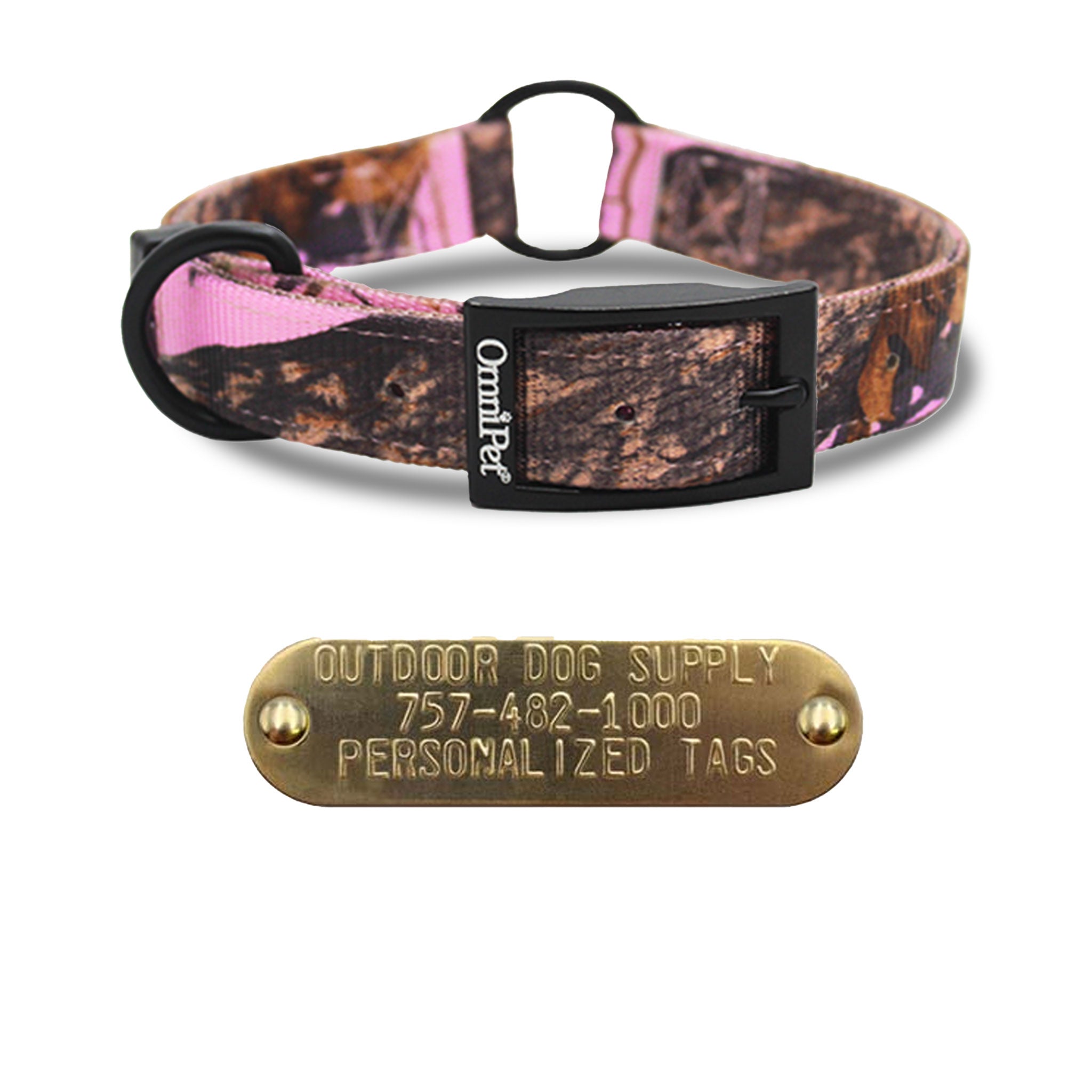 1" Nylon Camo center ring collar with personalized nameplate- pink camo