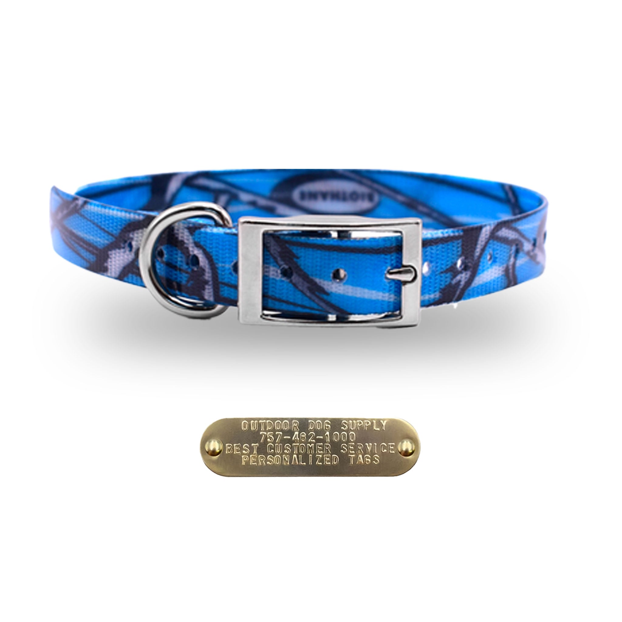 1" Premium D Ring Collar with personalized nametag collar- Blue Camo