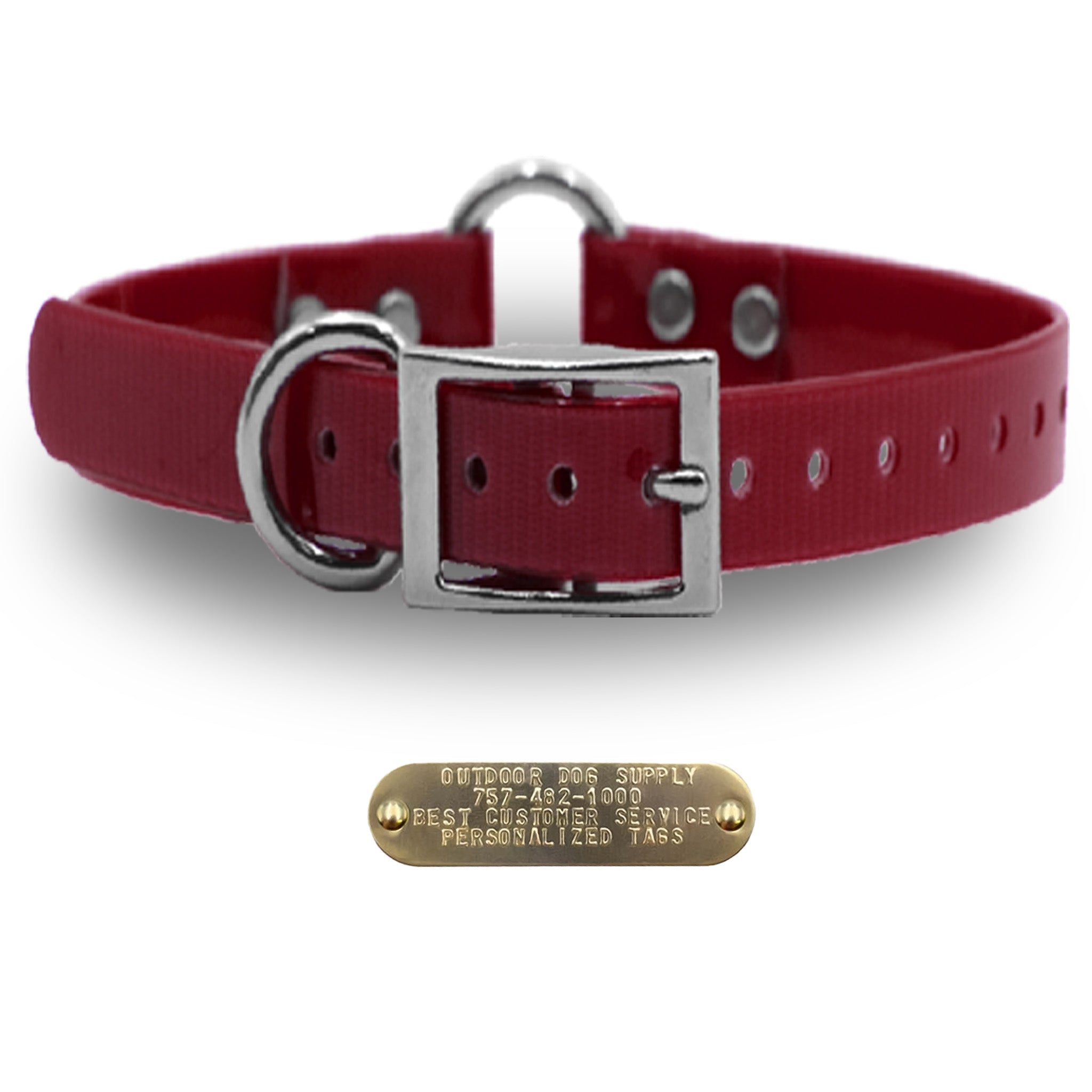 Premium 1" Glow Tuff dog collar with nickel hardware, brass name plate, and waterproof, odor-resistant material. - Burgundy