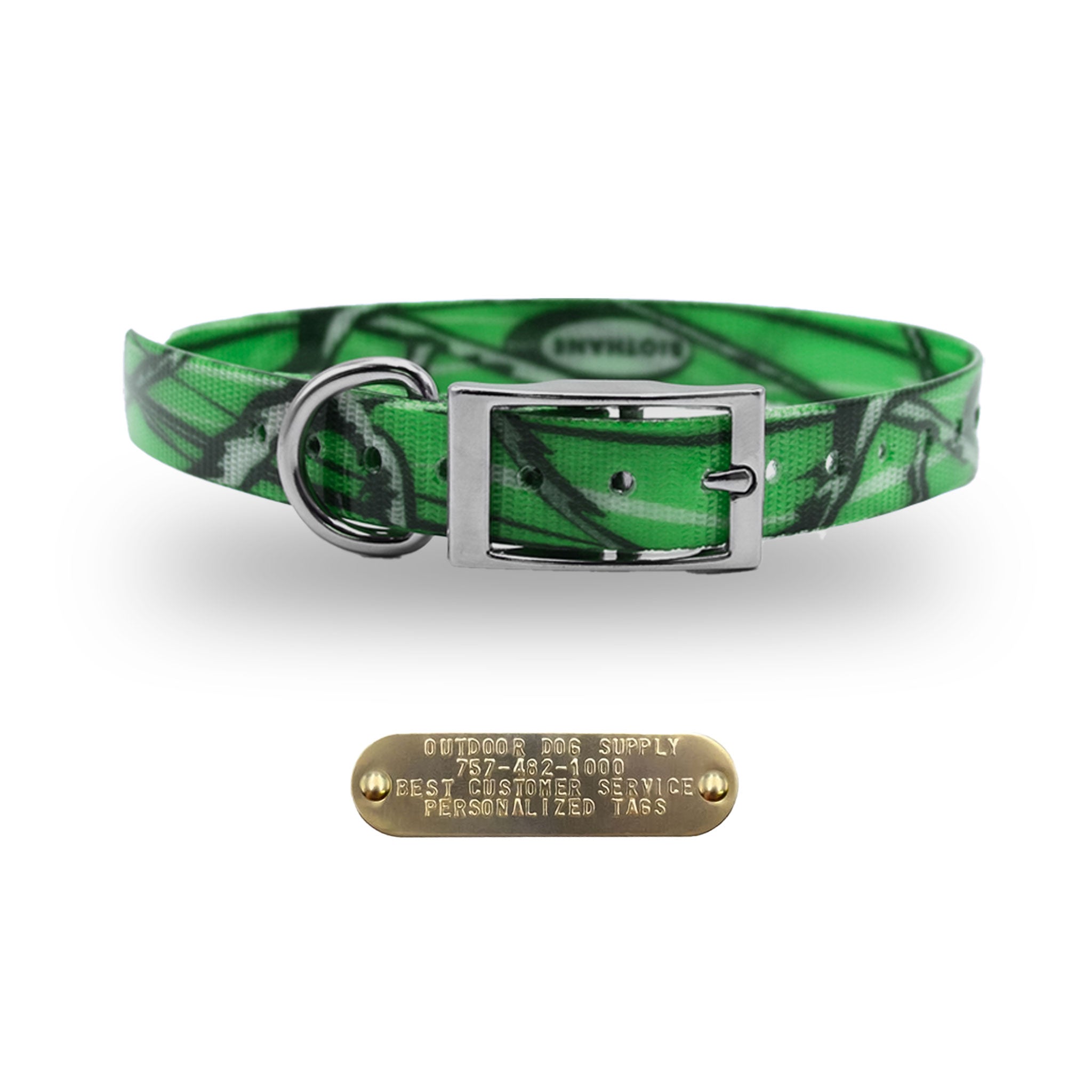 1" Premium D Ring Collar with personalized nametag collar- Green Camo