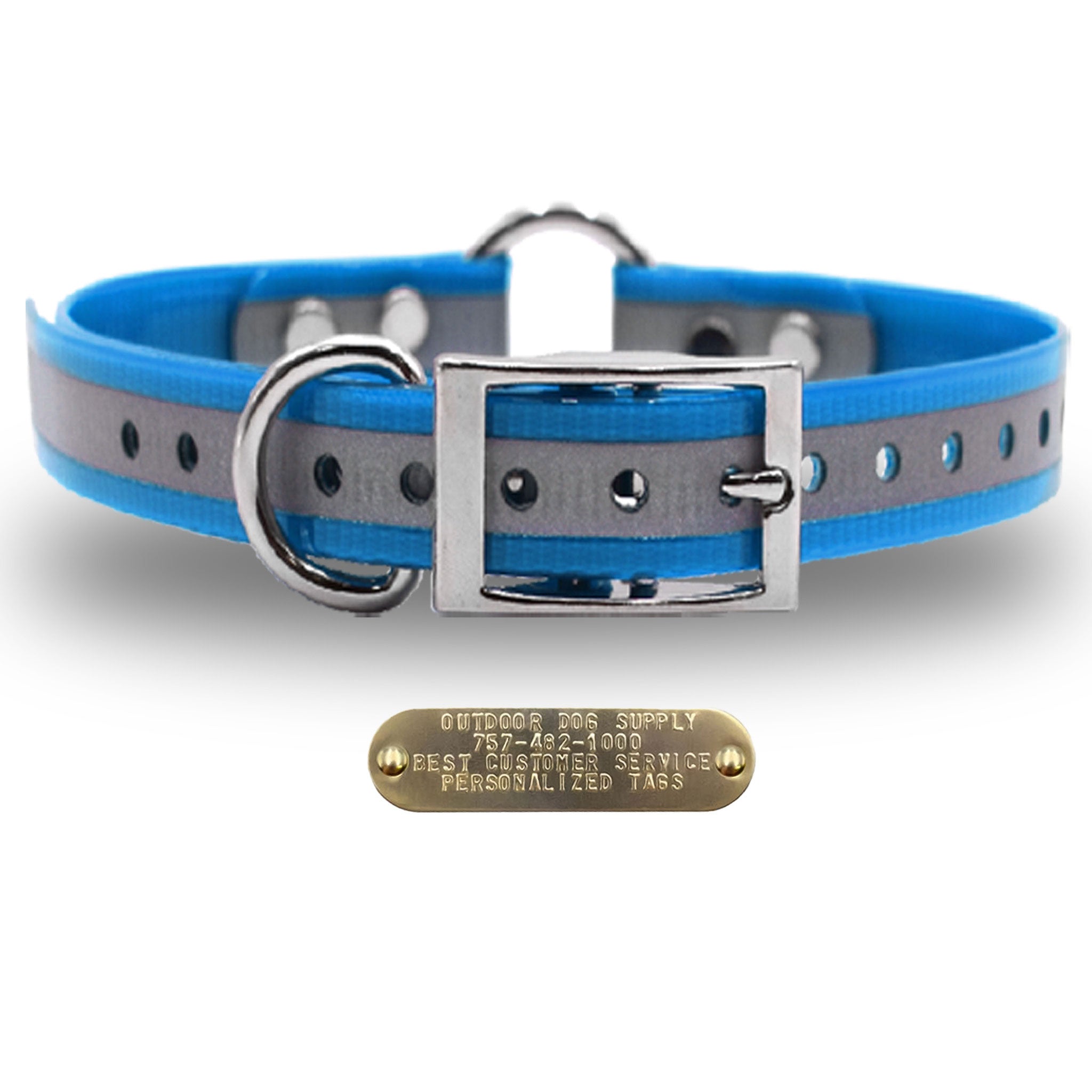 1" Premium Center Ring Collar with personalized nametag collar- Reflective Light Blue