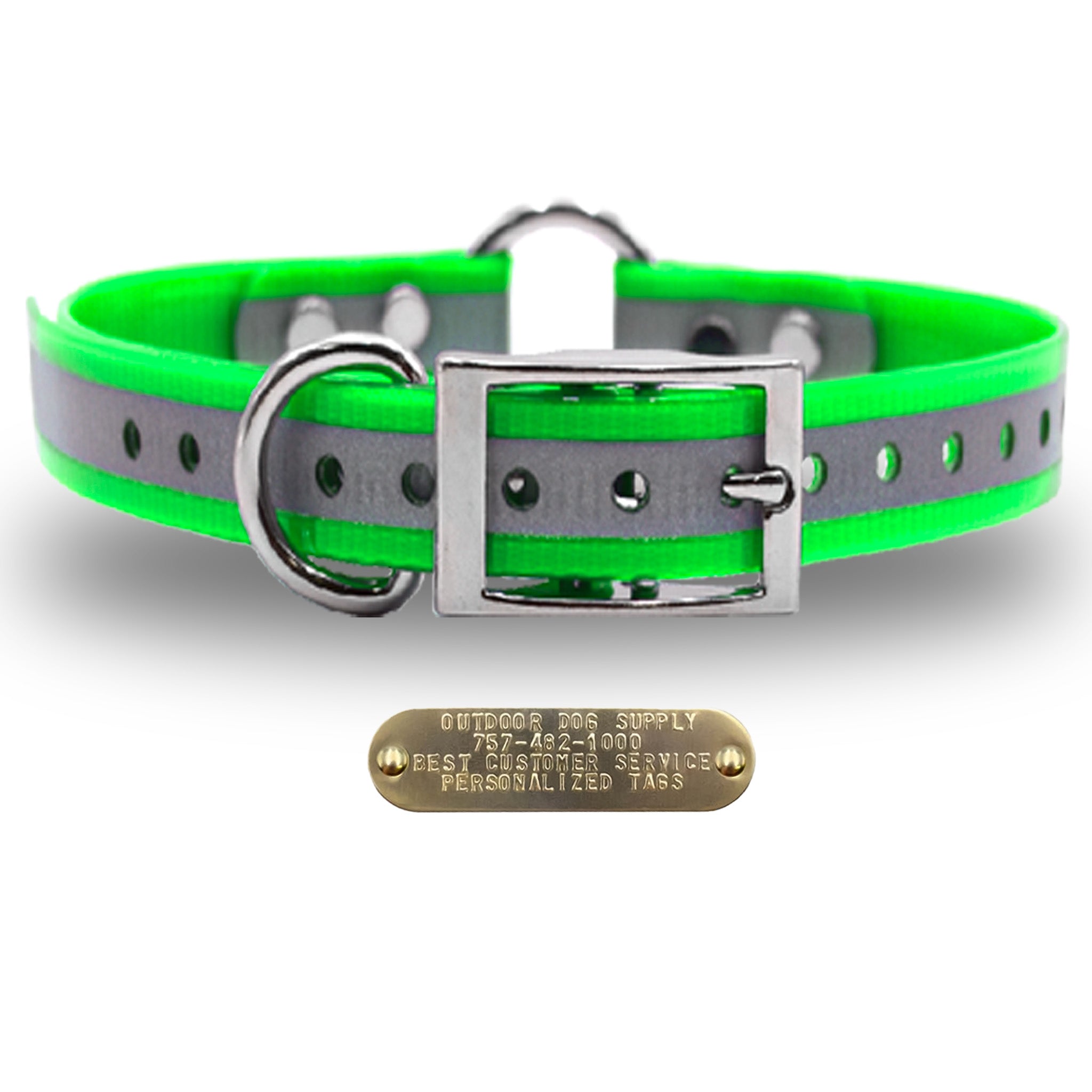 1" Premium Center Ring Collar with personalized nametag collar- Reflective Lime Green