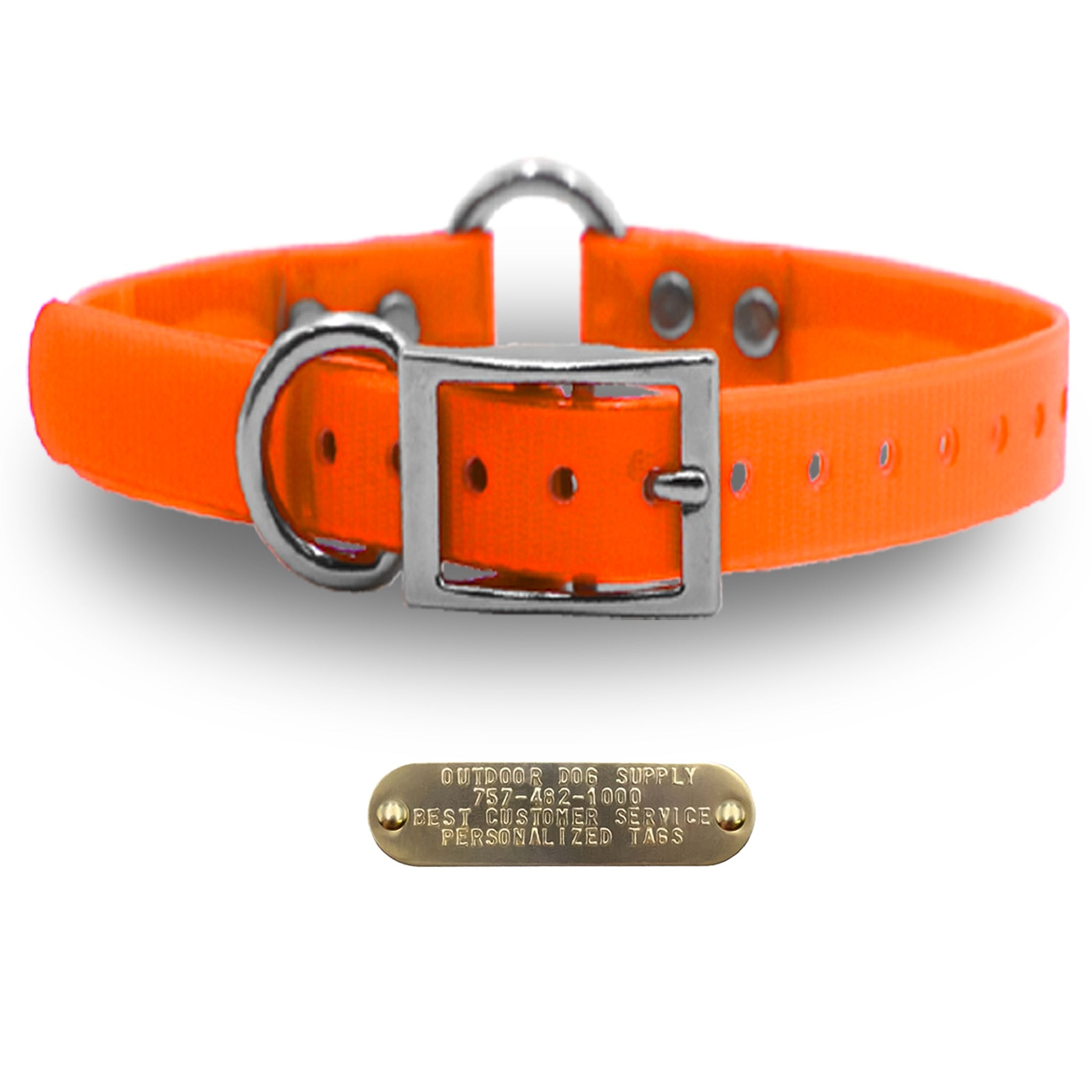 Premium 1" Glow Tuff dog collar with nickel hardware, brass name plate, and waterproof, odor-resistant material. - Orange