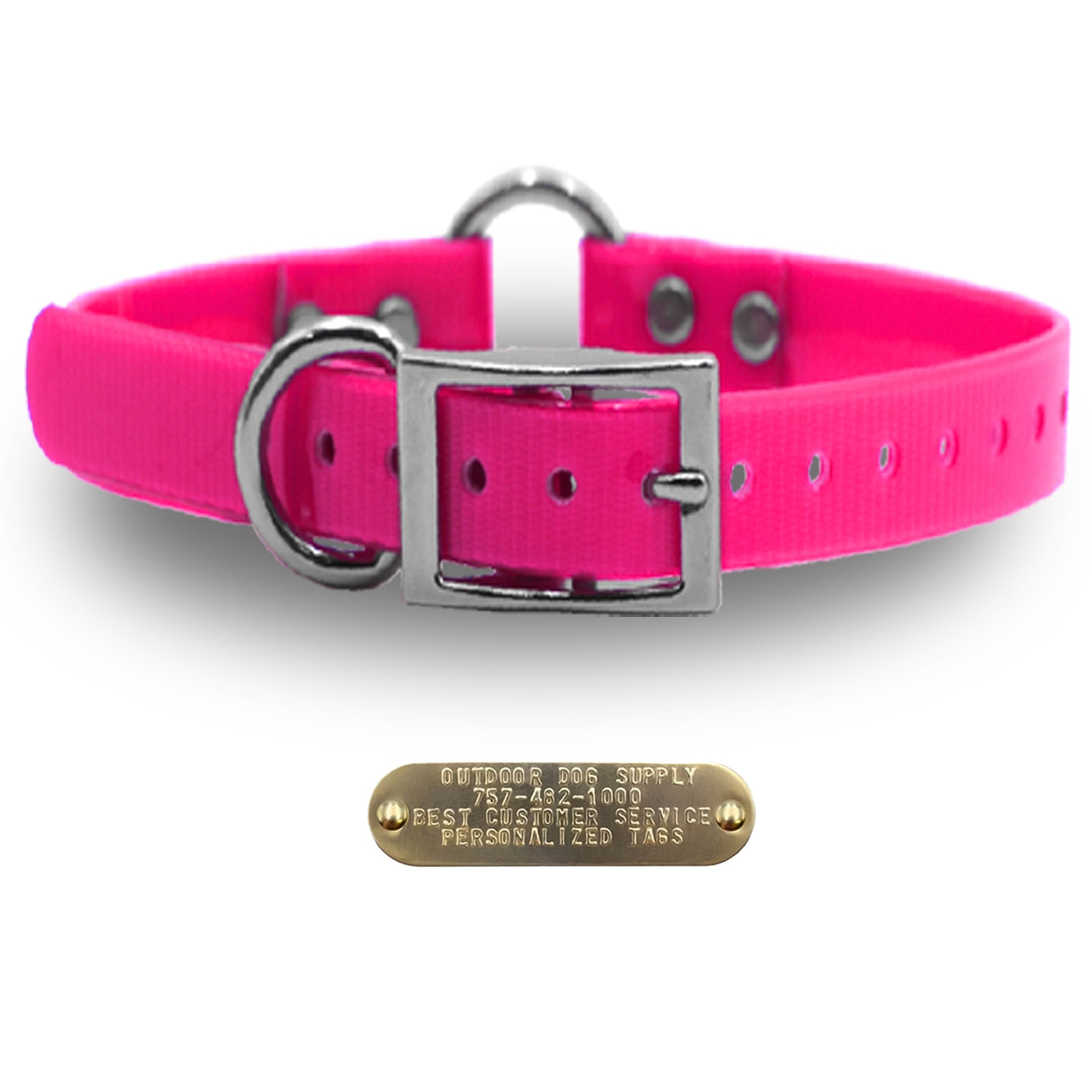 Premium 1" Glow Tuff dog collar with nickel hardware, brass name plate, and waterproof, odor-resistant material.- Pink