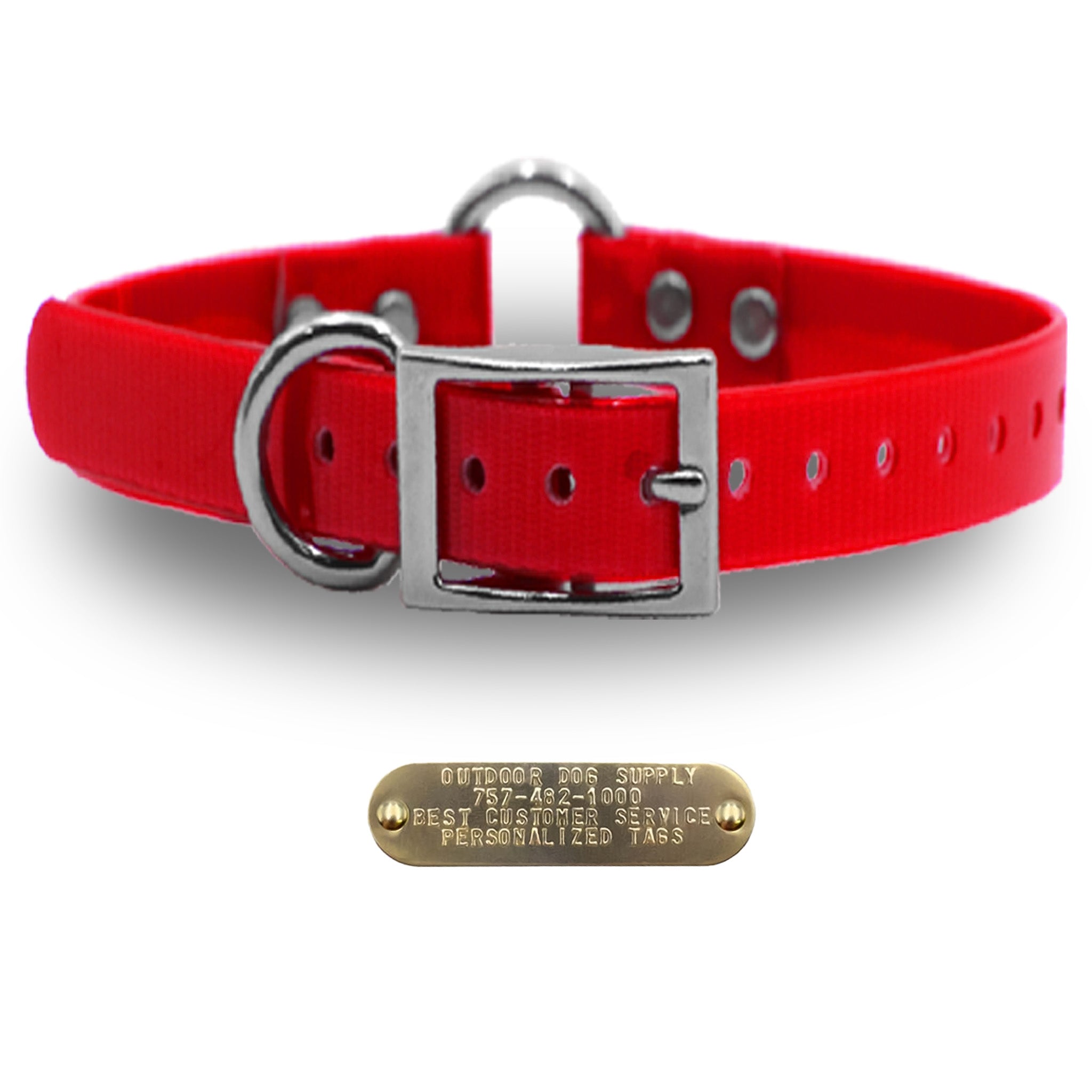 Premium 1" Glow Tuff dog collar with nickel hardware, brass name plate, and waterproof, odor-resistant material. - Red