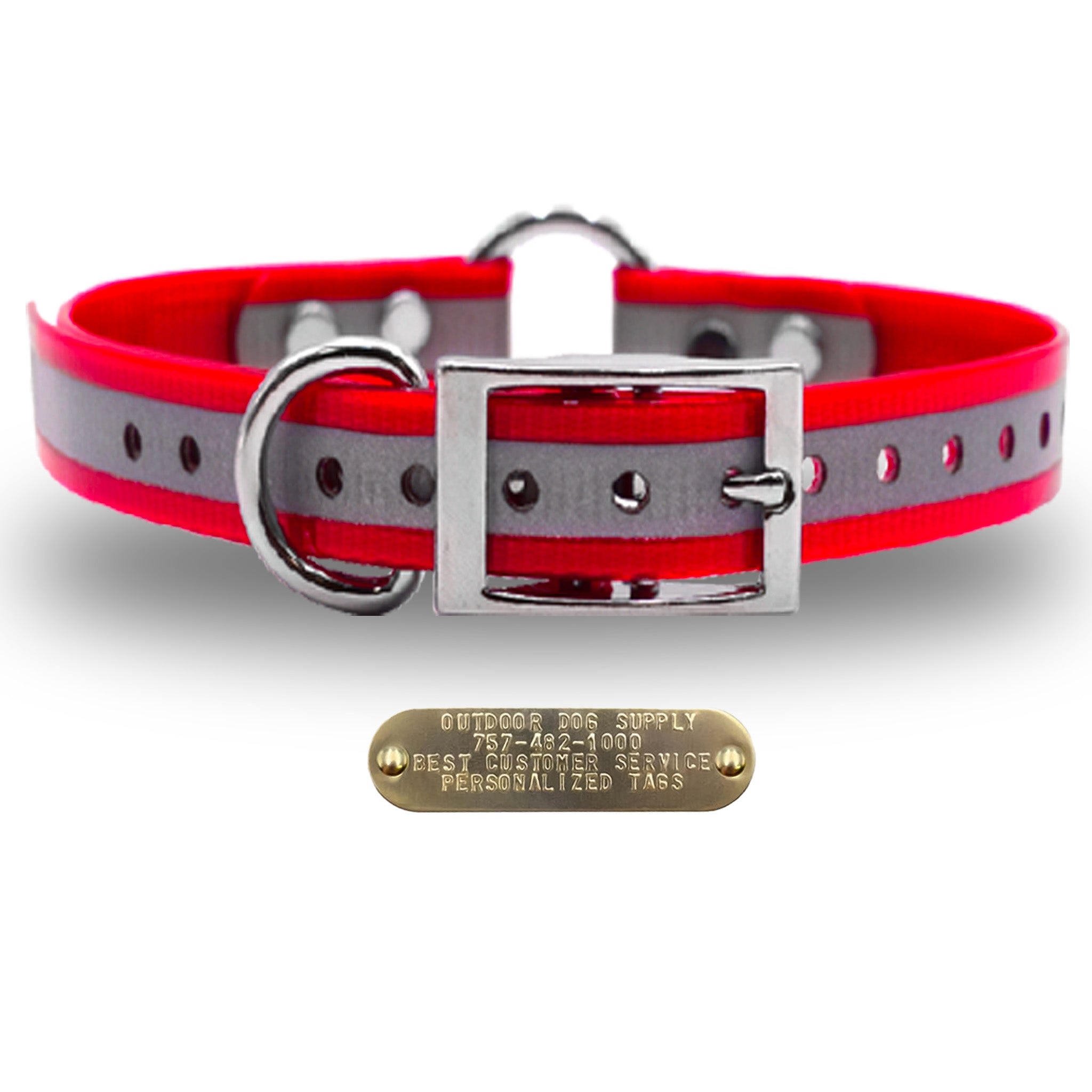 1" Premium Center Ring Collar with personalized nametag collar- Reflective Red