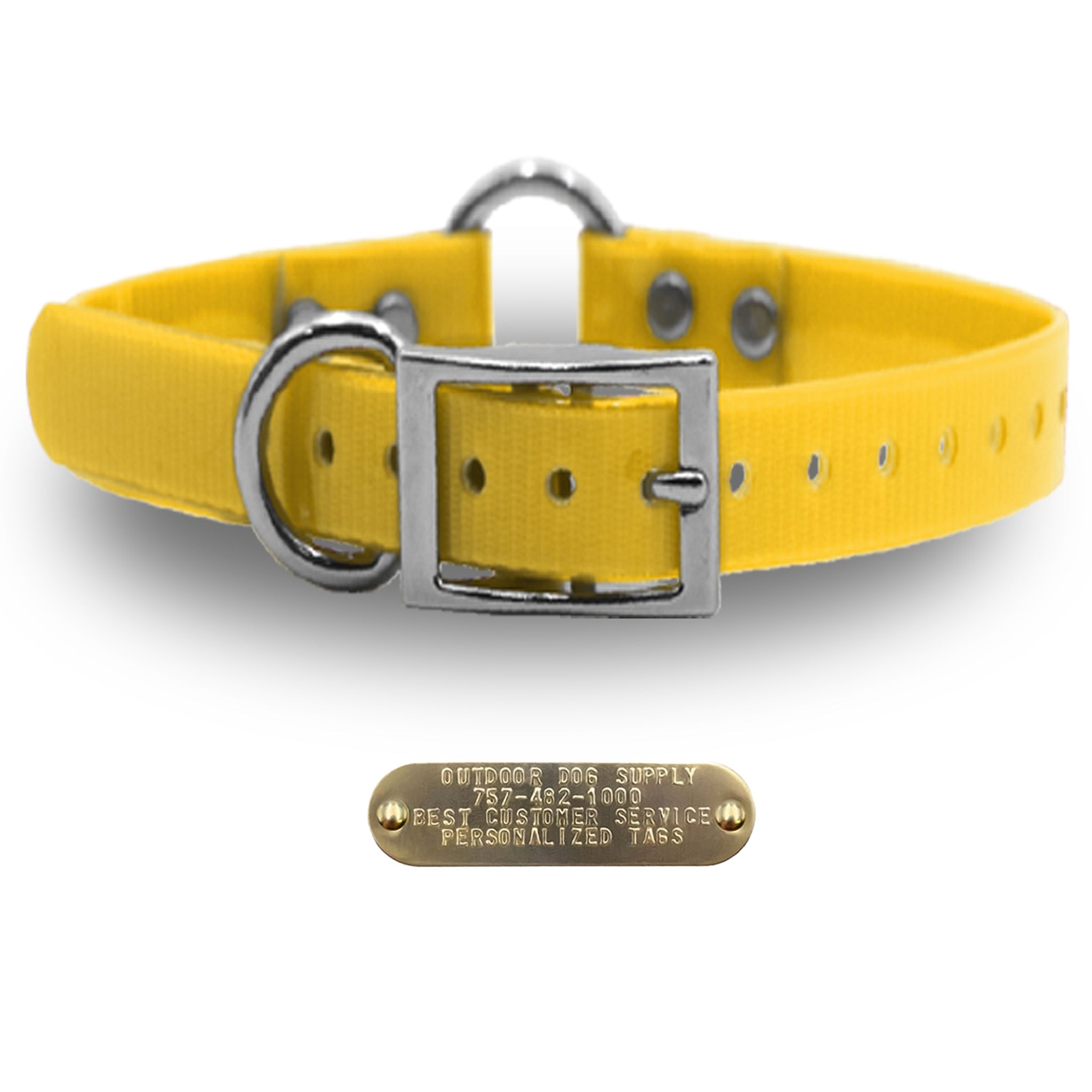 Premium 1" Glow Tuff dog collar with nickel hardware, brass name plate, and waterproof, odor-resistant material. - School Bus Yellow
