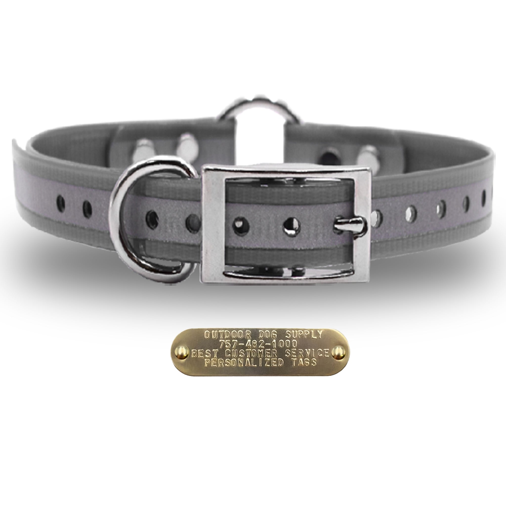 1" Premium Center Ring Collar with personalized nametag collar- Reflective Silver