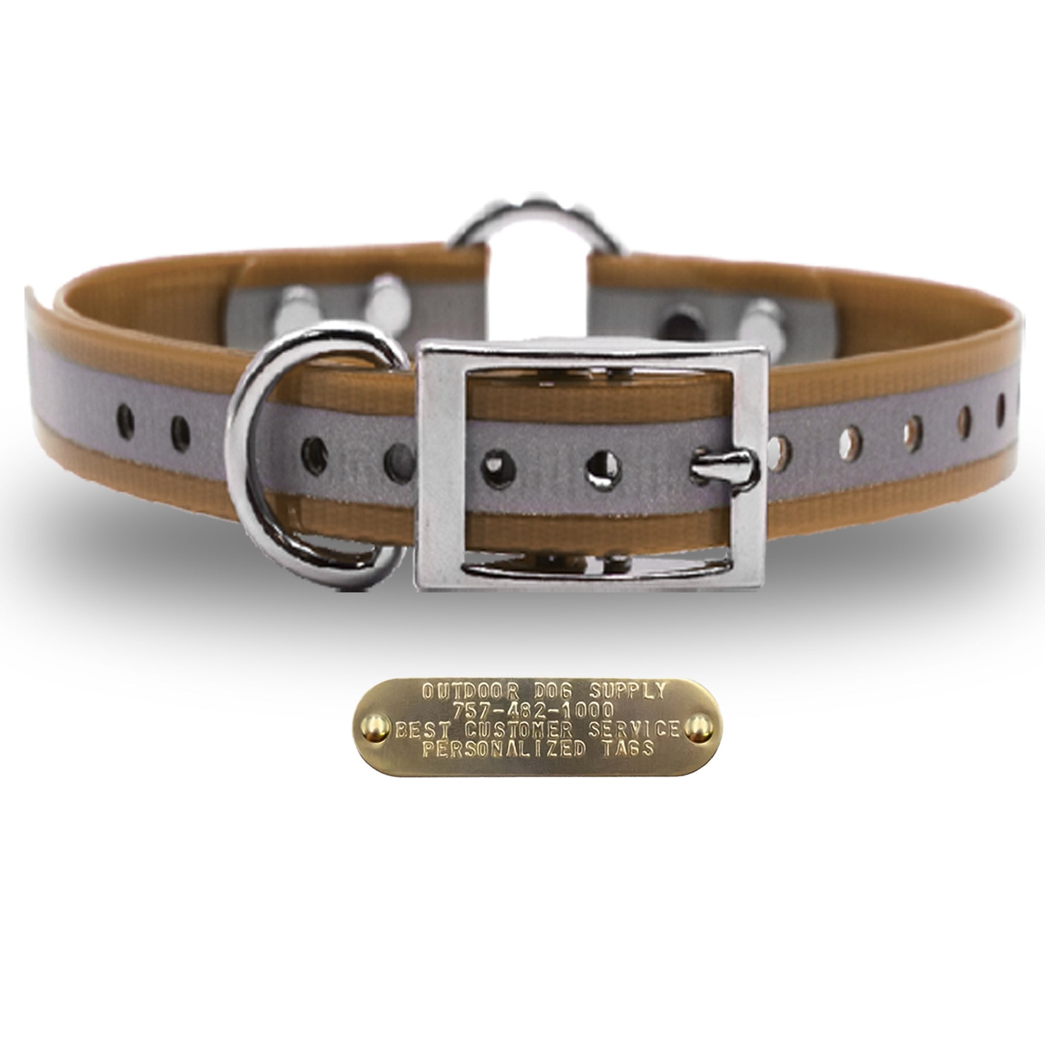 1" Premium Center Ring Collar with personalized nametag collar- Reflective Tan