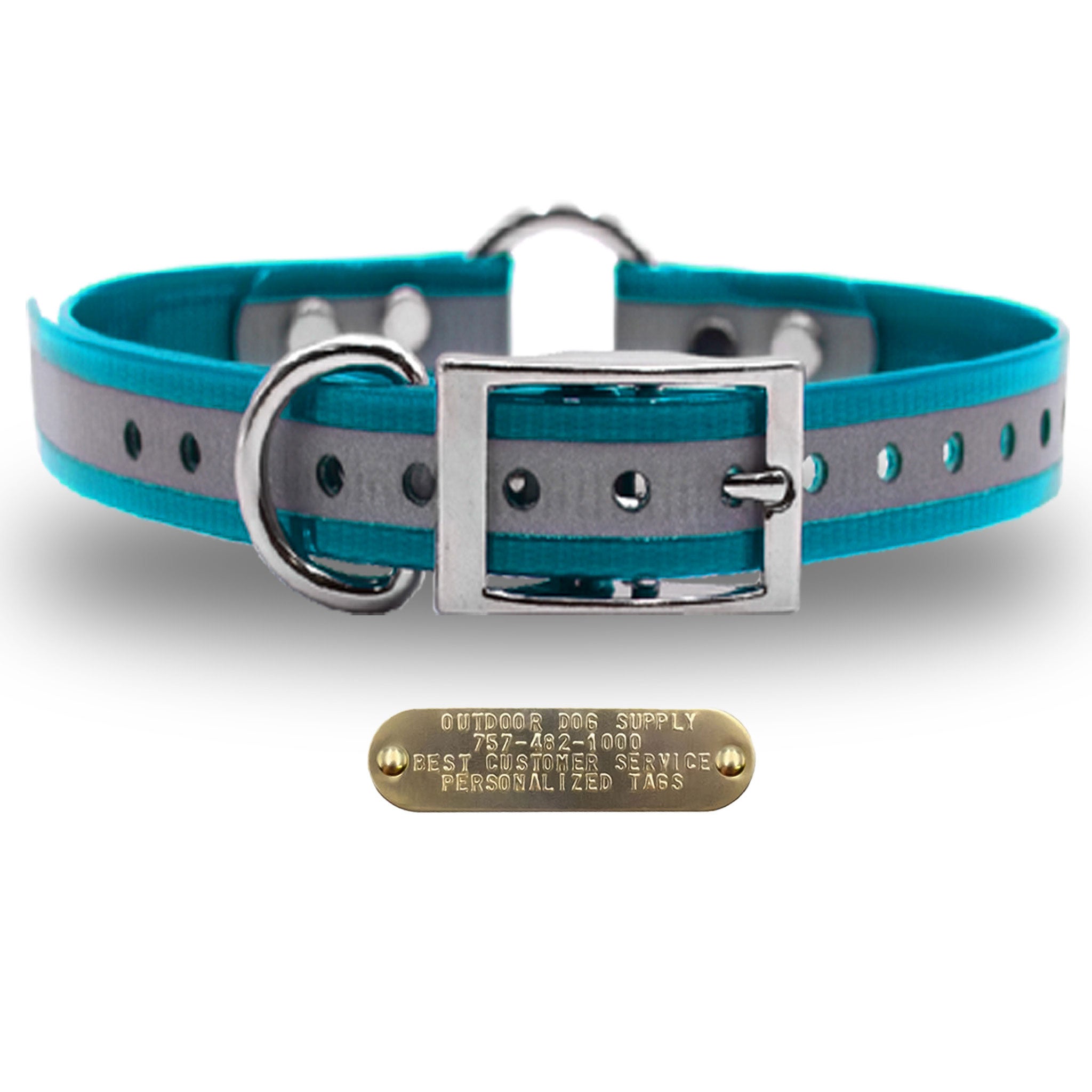 1" Premium Center Ring Collar with personalized nametag collar- Reflective Teal