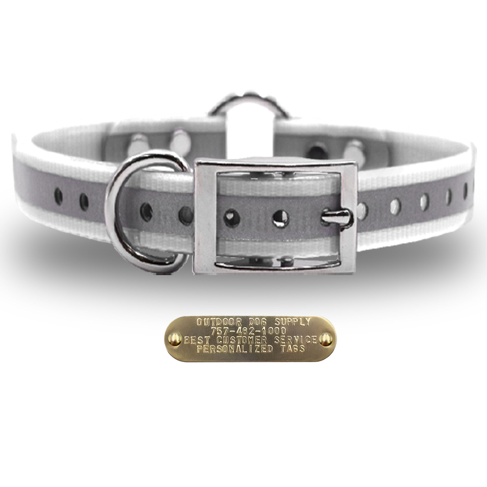1" Premium Center Ring Collar with personalized nametag collar- Reflective White