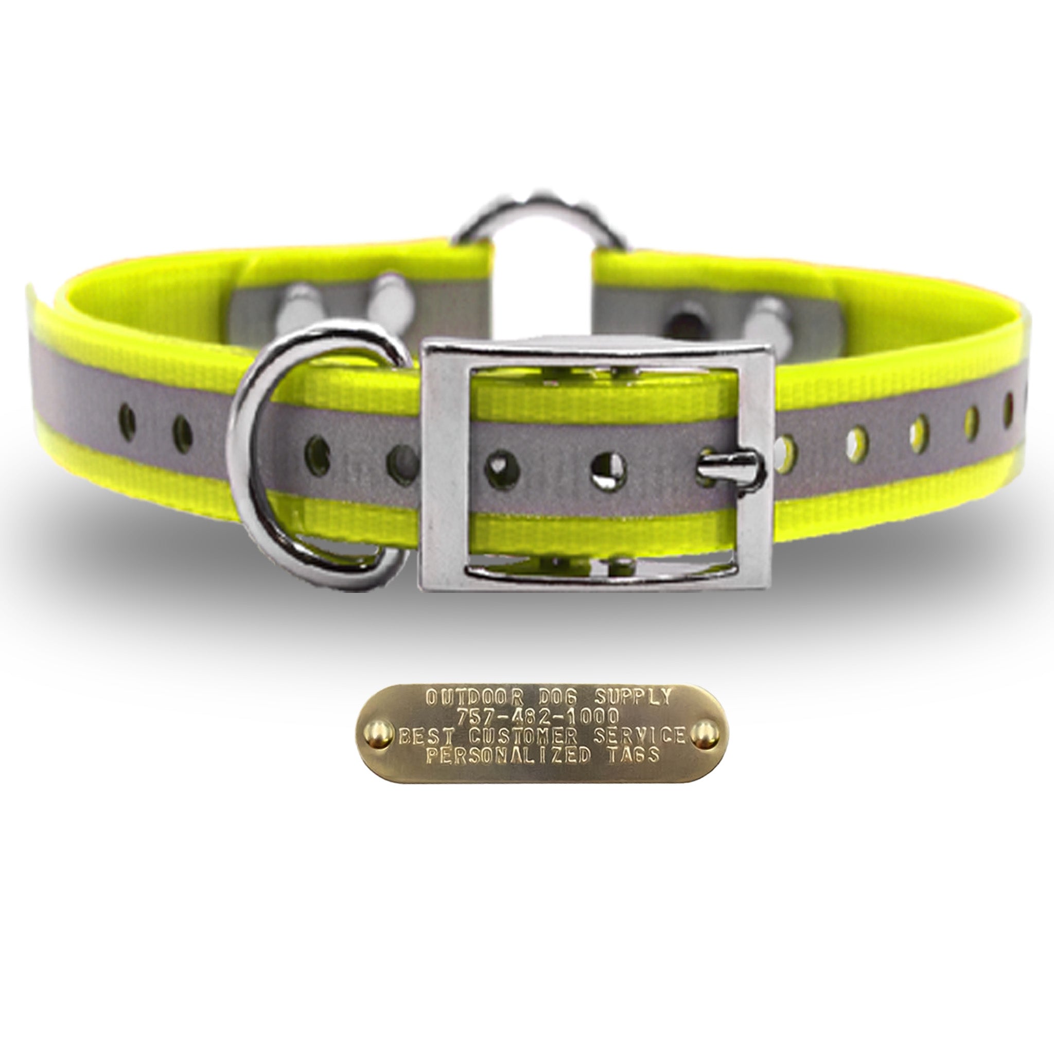 1" Premium Center Ring Collar with personalized nametag collar- Reflective Yellow