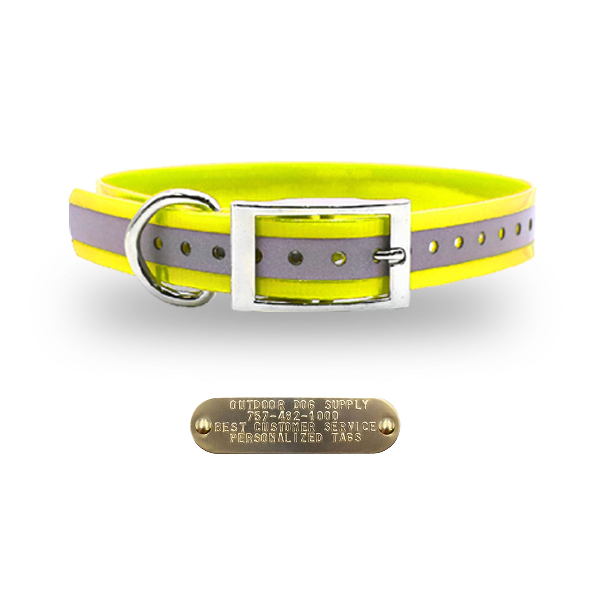 1" Premium D Ring Collar with personalized nametag collar- Reflective Yellow