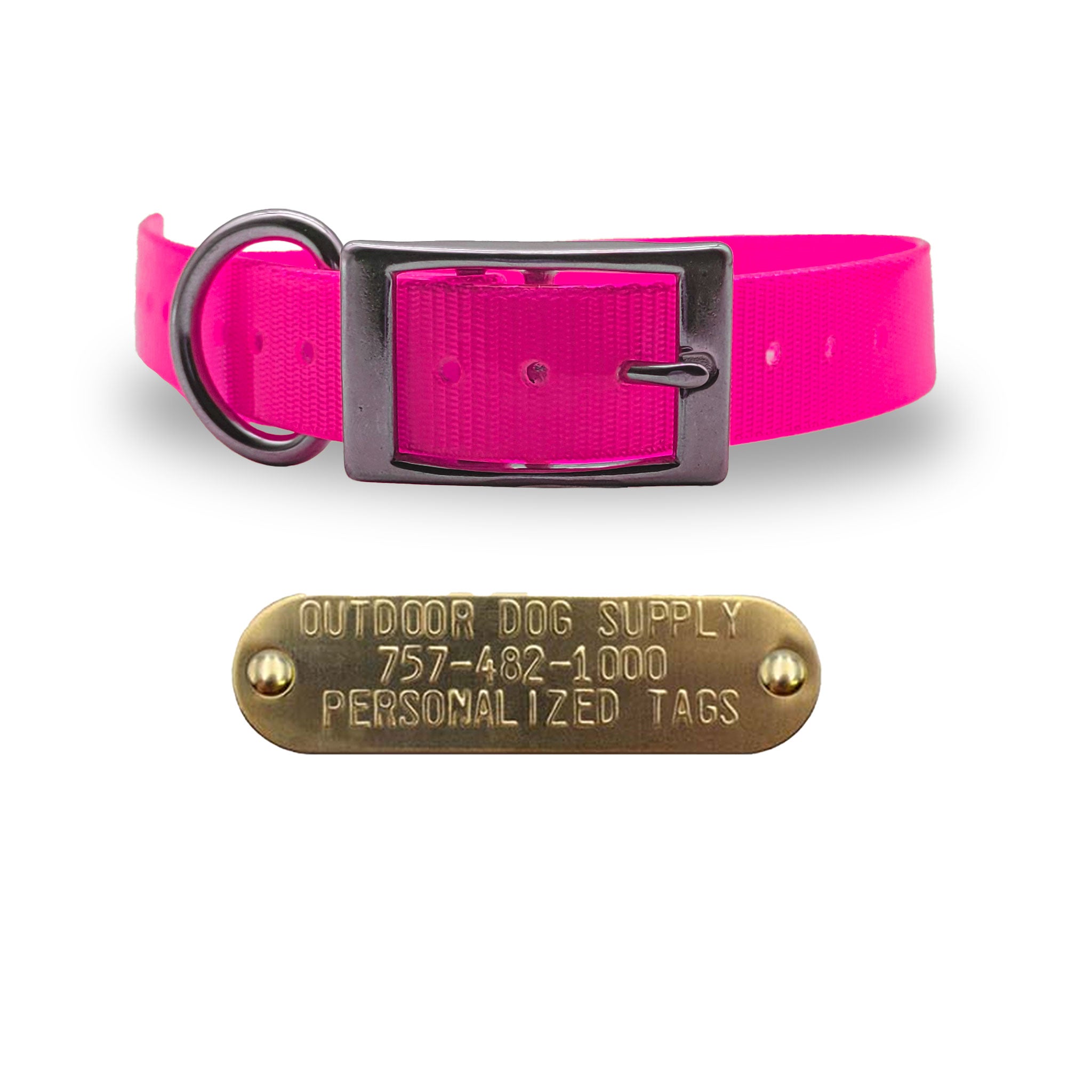 1" Stainless Steel D Ring Dog Collar with personalized nametag- Pink