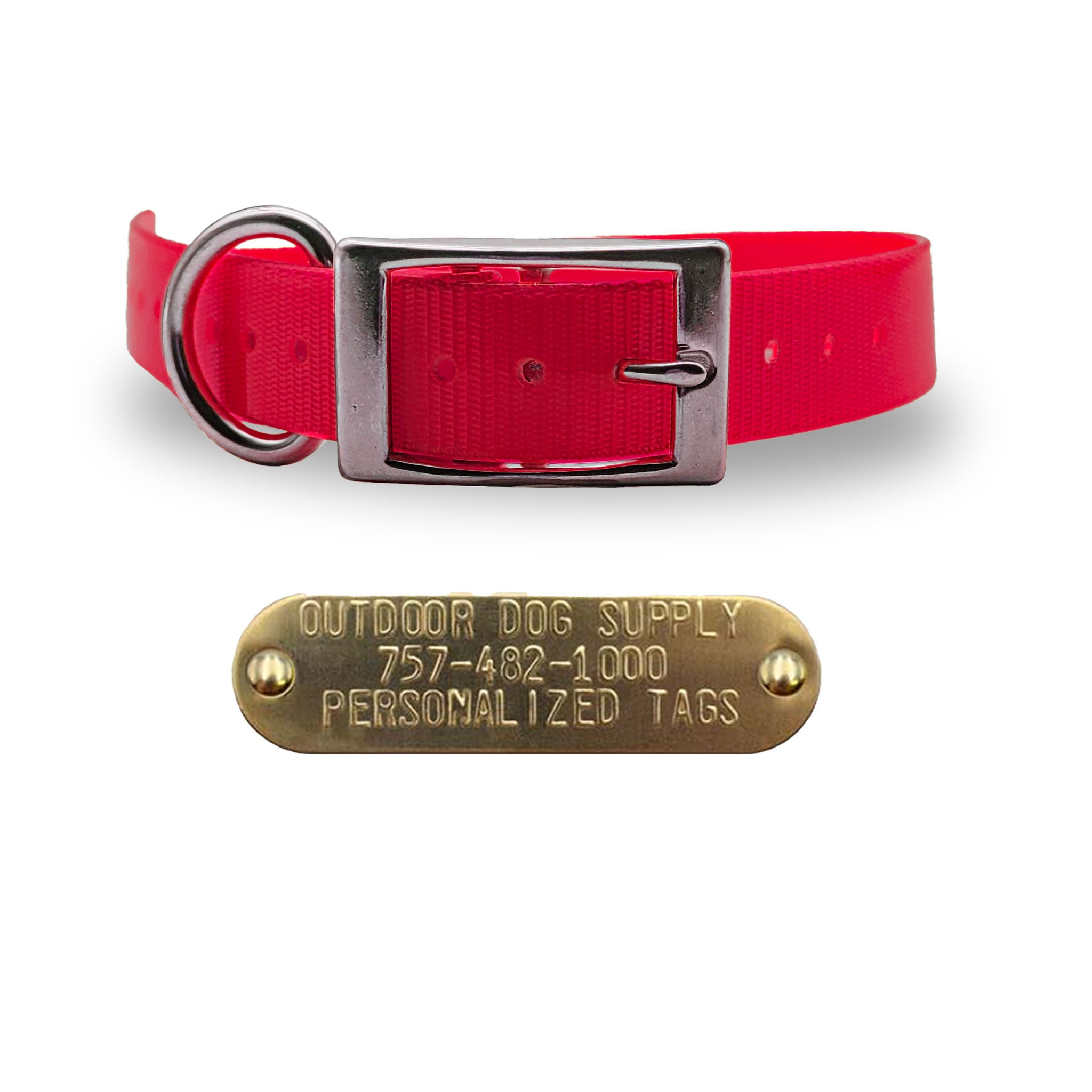 1" Stainless Steel D Ring Dog Collar with personalized nametag- Red