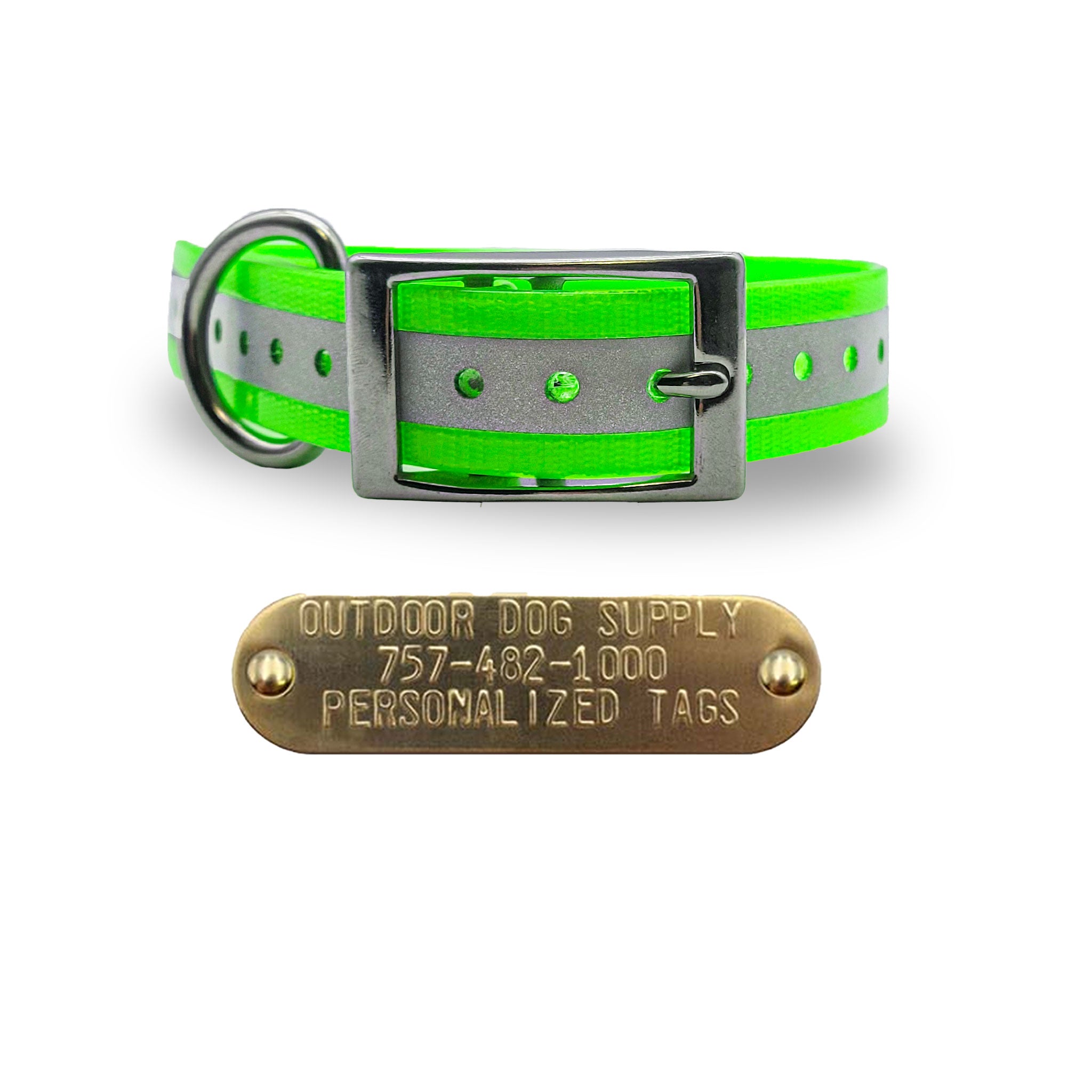 1" Stainless Steel D Ring Dog Collar with personalized nametag- Reflective Green
