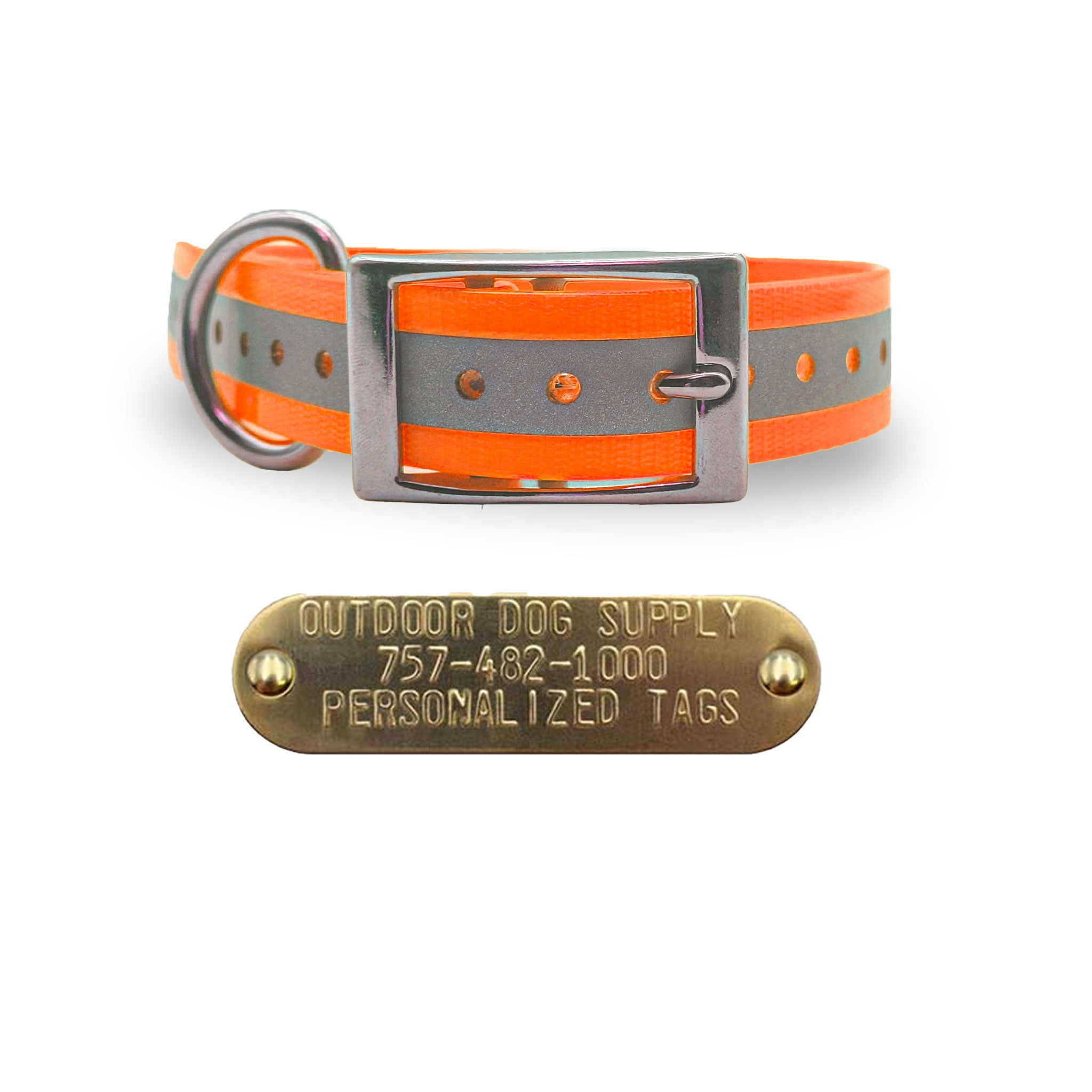 1" Stainless Steel D Ring Dog Collar with personalized nametag- Reflective Orange