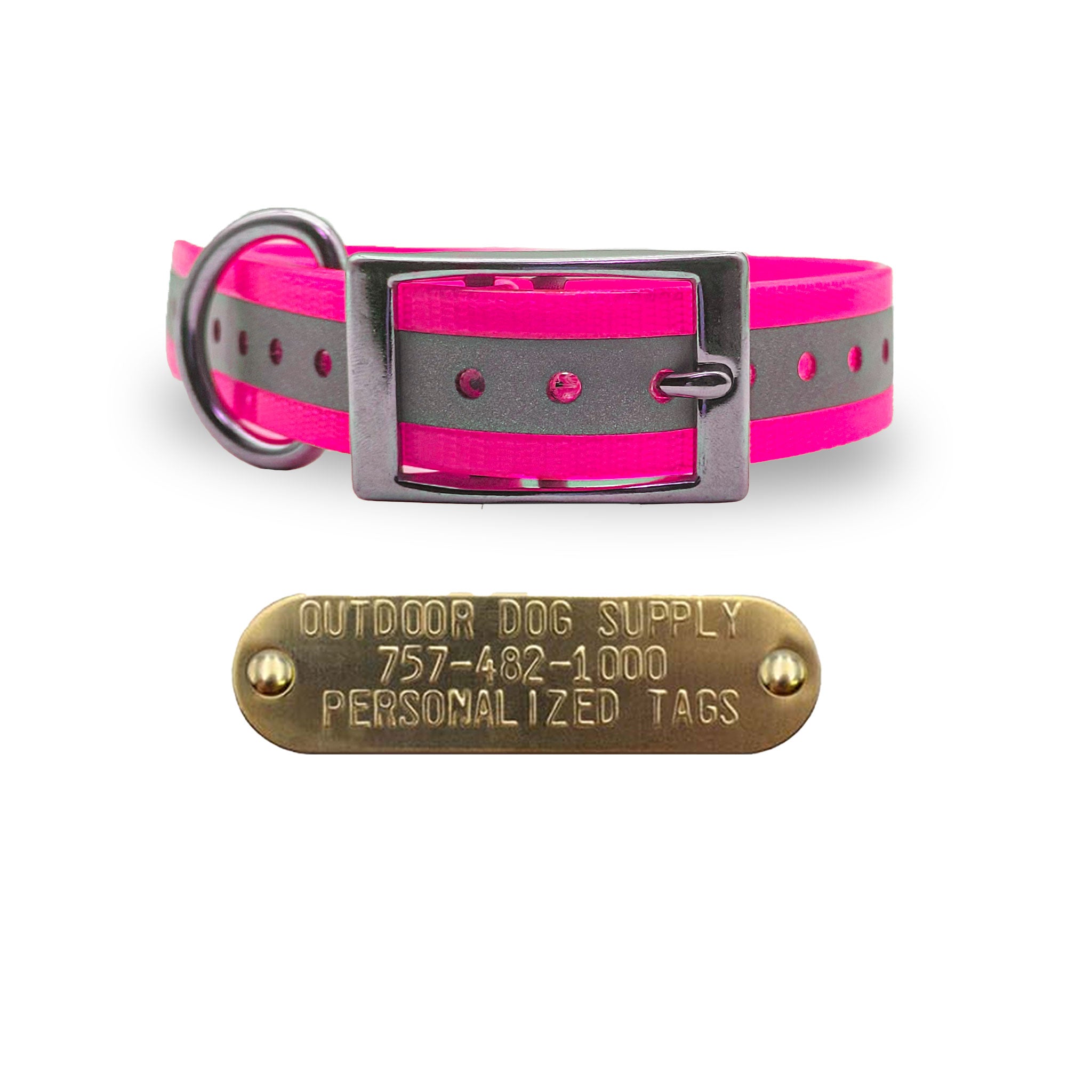 1" Stainless Steel D Ring Dog Collar with personalized nametag- Reflective Pink