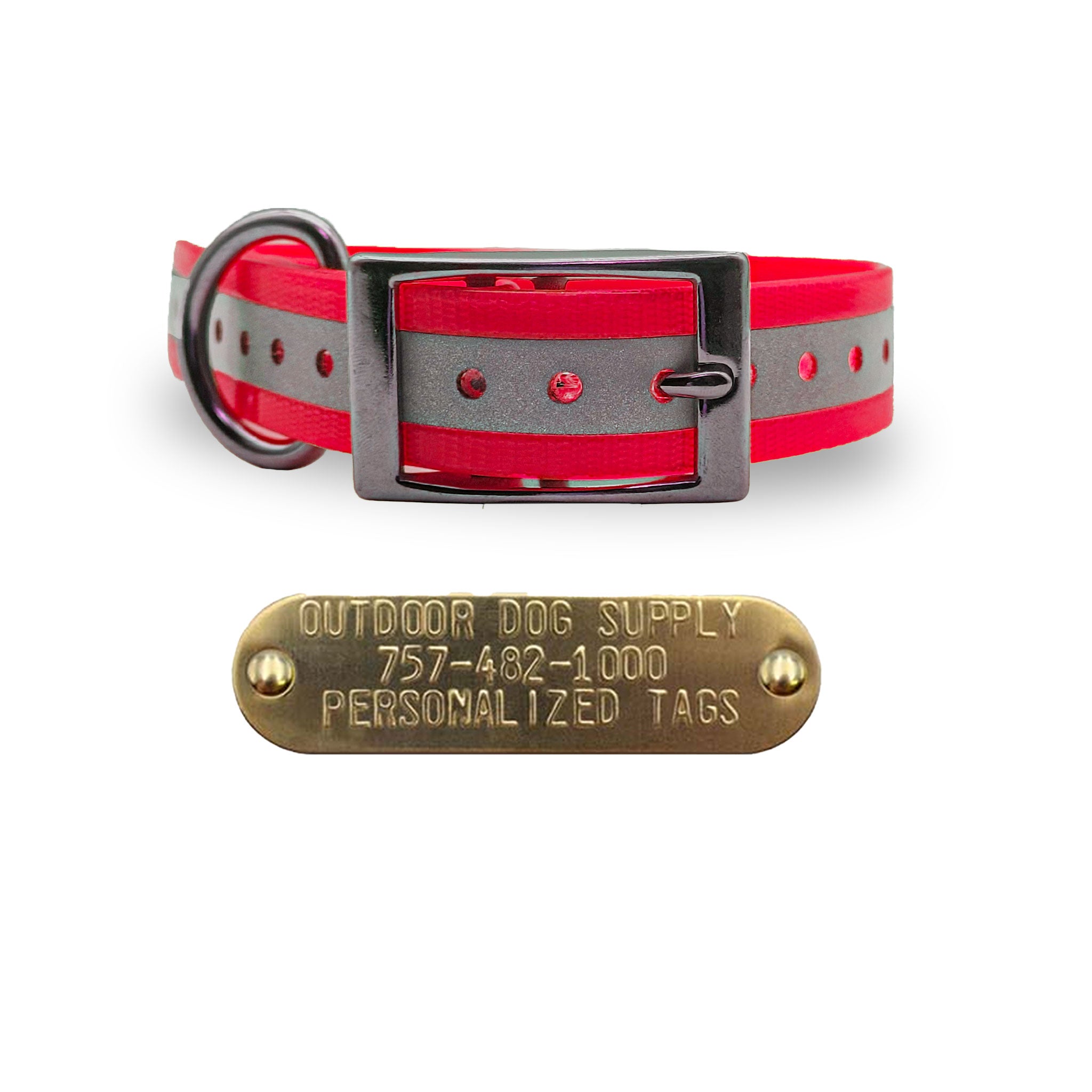 1" Stainless Steel D Ring Dog Collar with personalized nametag- Reflective Red