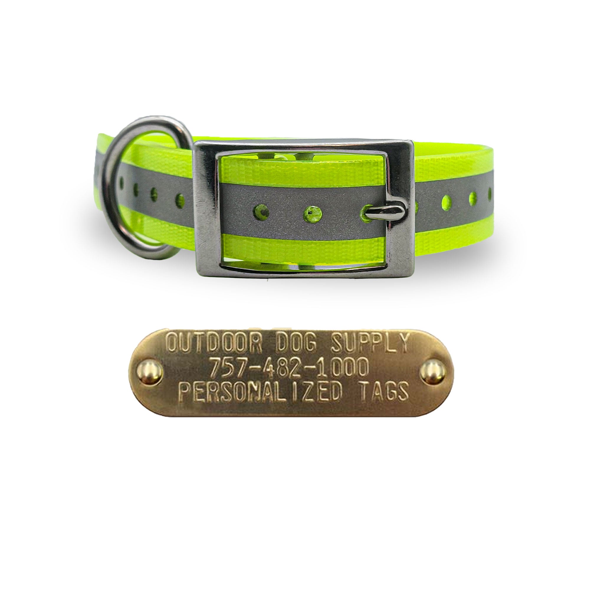 1" Stainless Steel D Ring Dog Collar with personalized nametag- Reflective Yellow
