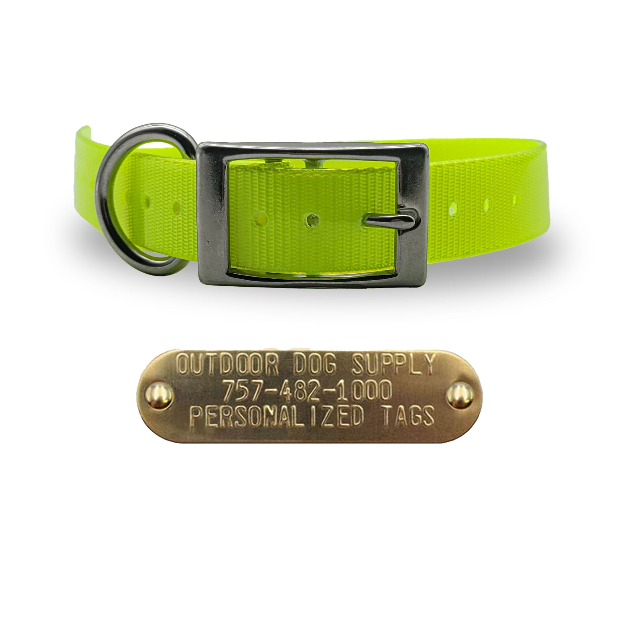 1" Stainless Steel D Ring Dog Collar with personalized nametag- Yellow