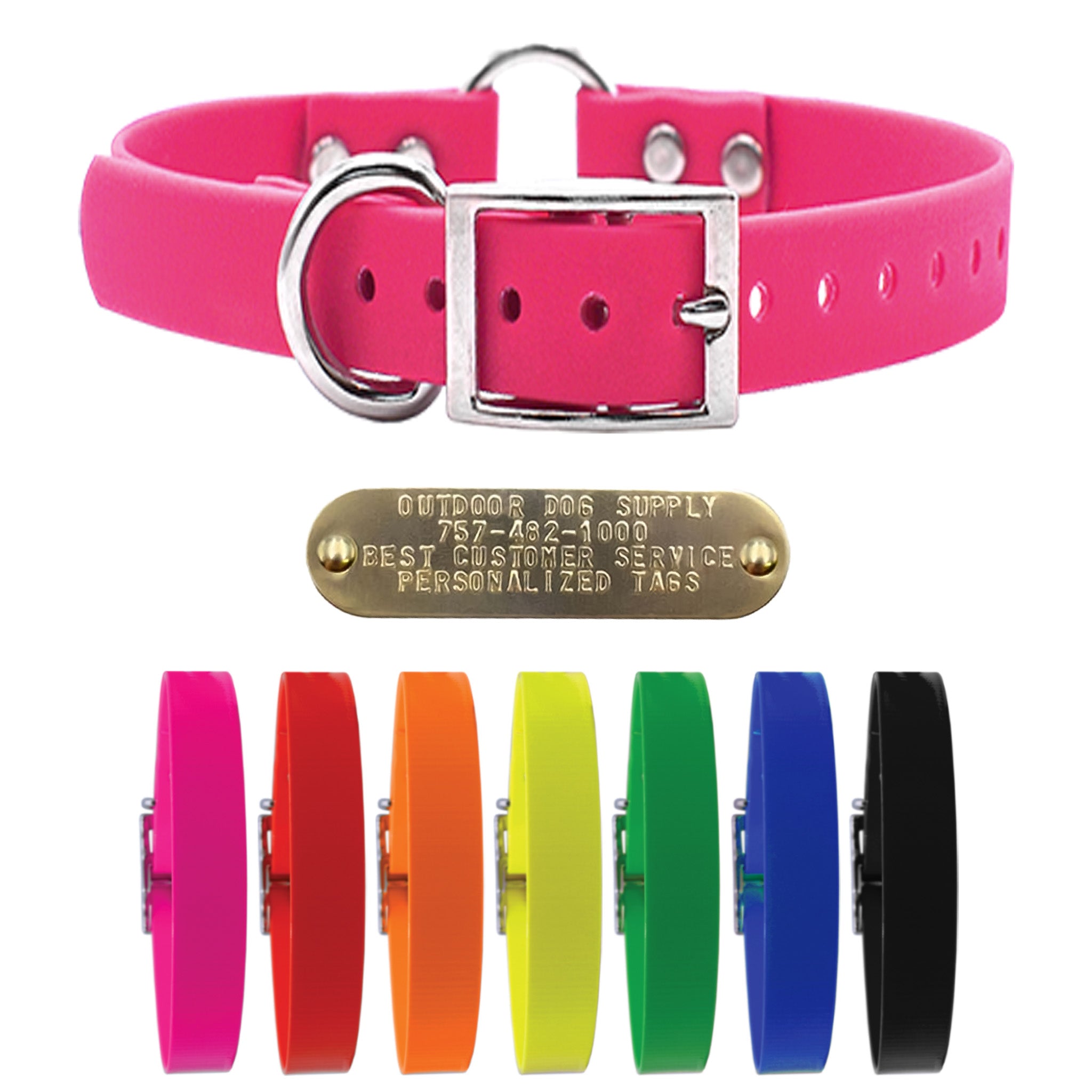 1" Tuff Skin dog collar with center ring, nickel hardware, free brass name plate, and waterproof, odor-resistant material.  Multi Color