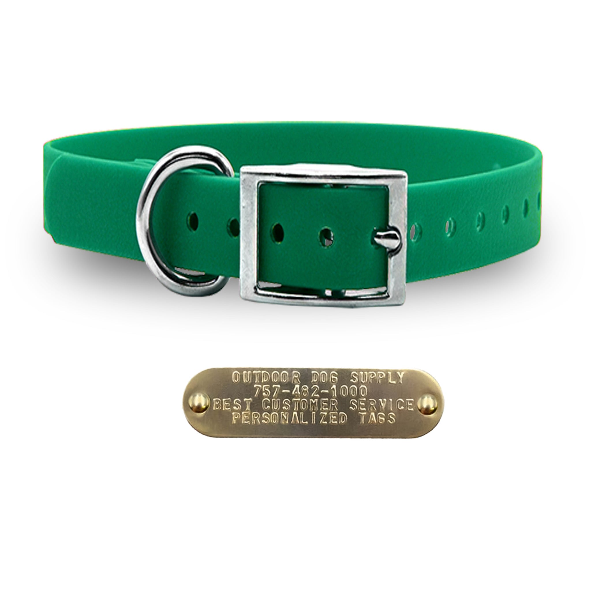 1" Tuff Skin dog collar with D-ring, free brass name plate, and soft, waterproof, odor-resistant leather-like material. - Green