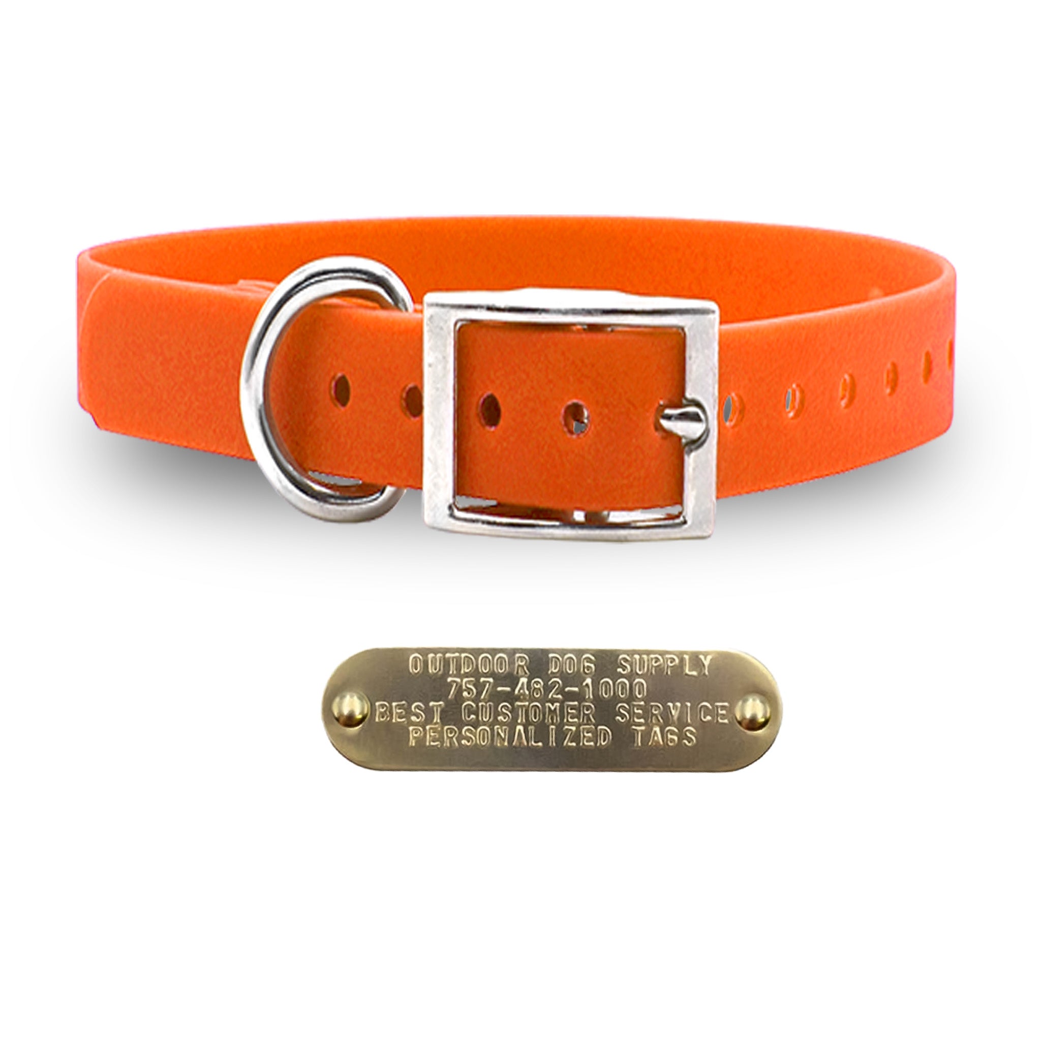 1" Tuff Skin dog collar with D-ring, free brass name plate, and soft, waterproof, odor-resistant leather-like material.  Orange