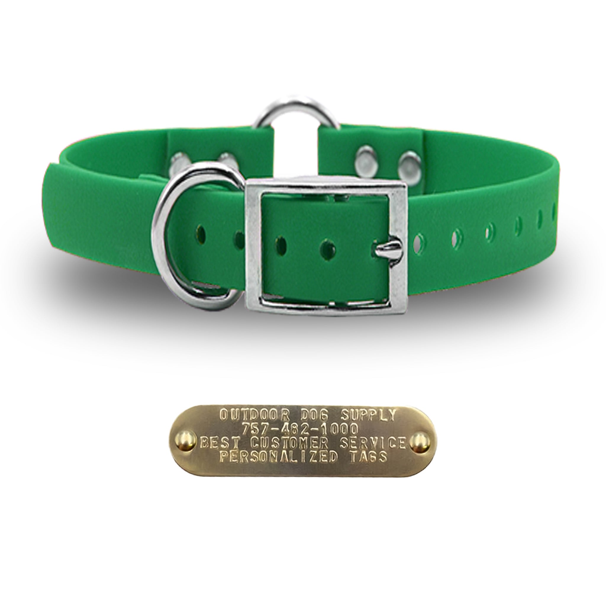 1" Tuff Skin dog collar with center ring, nickel hardware, free brass name plate, and waterproof, odor-resistant material. - Green