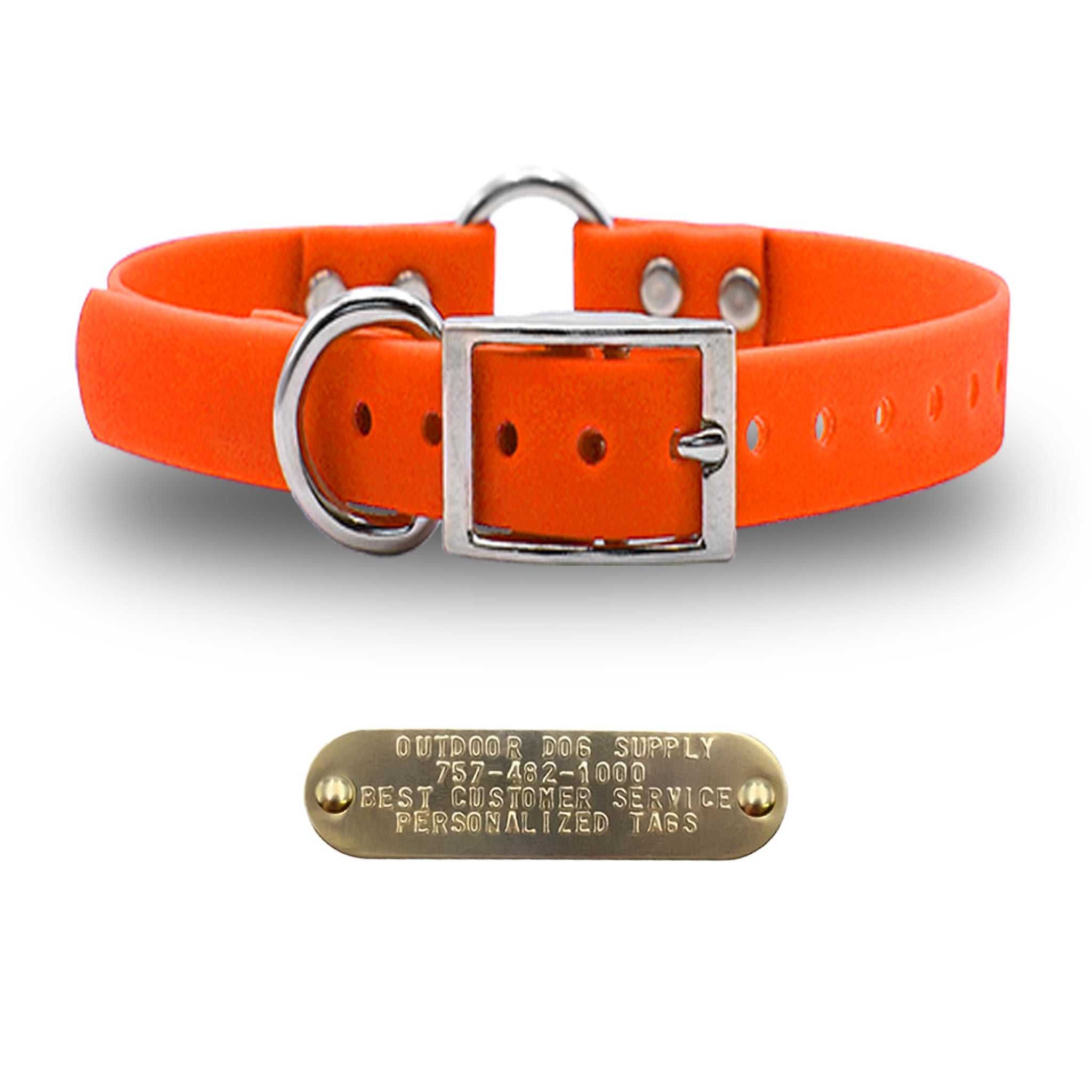 1" Tuff Skin dog collar with center ring, nickel hardware, free brass name plate, and waterproof, odor-resistant material. - Orange