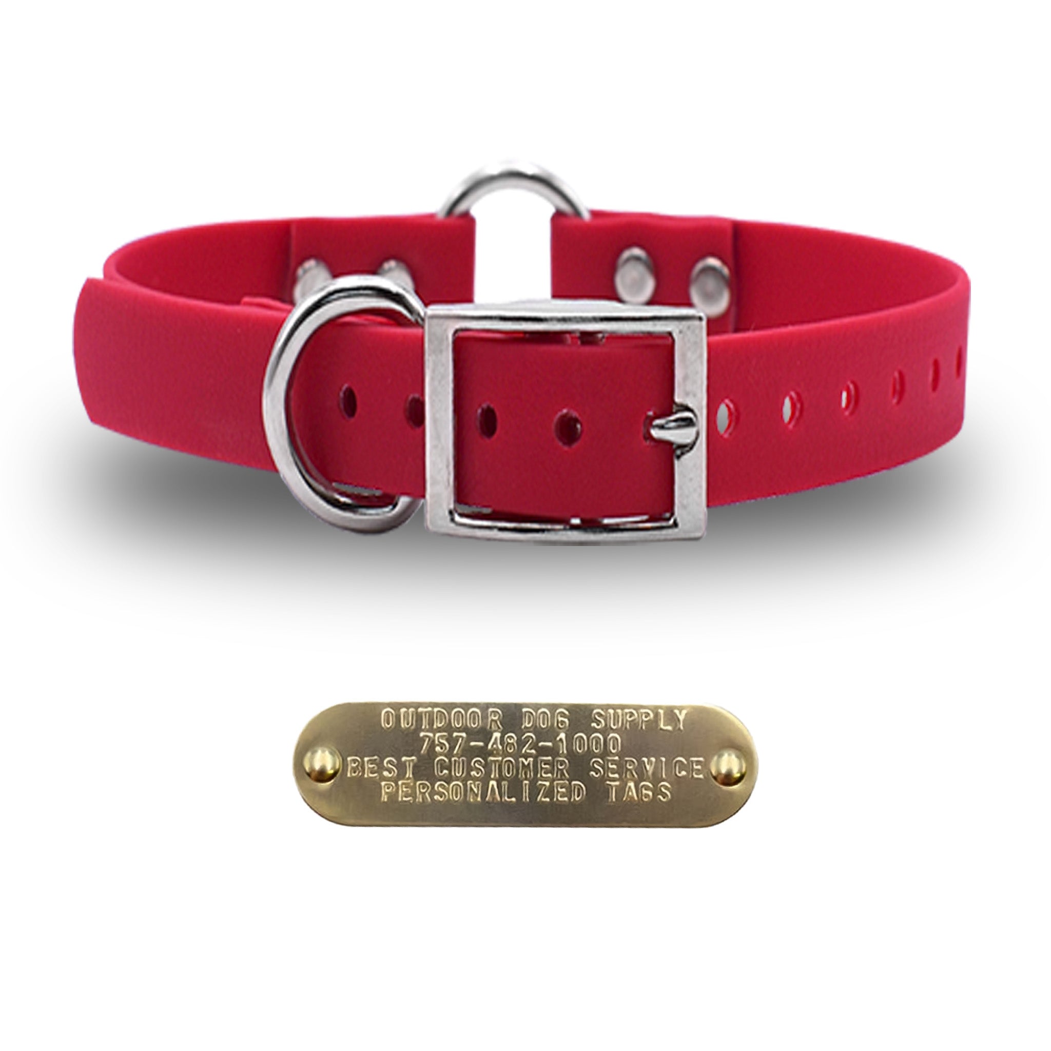1" Tuff Skin dog collar with center ring, nickel hardware, free brass name plate, and waterproof, odor-resistant material. - Red