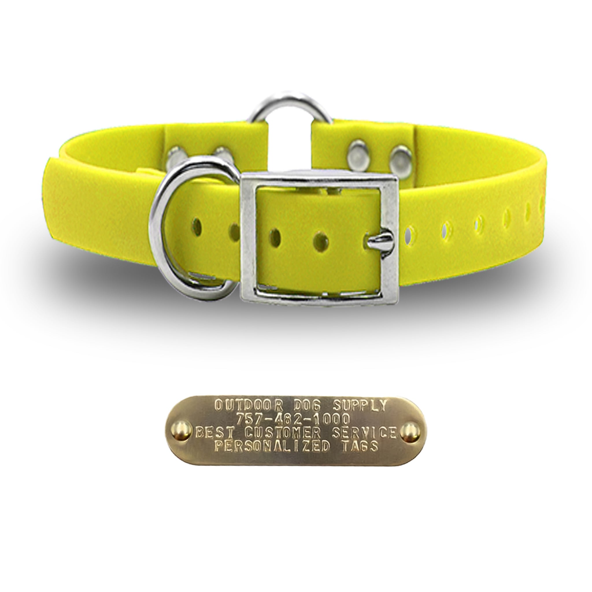 1" Tuff Skin dog collar with center ring, nickel hardware, free brass name plate, and waterproof, odor-resistant material. - Yellow