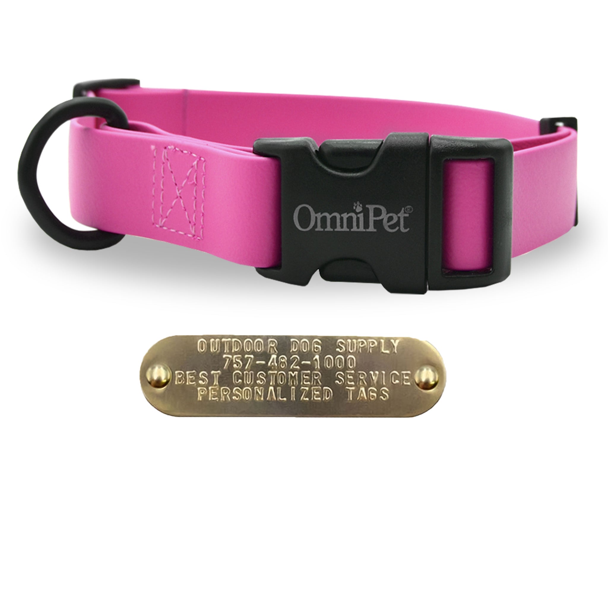 Pink 1-inch Carnival dog collar with free brass nameplate, waterproof and durable for medium to large breeds.