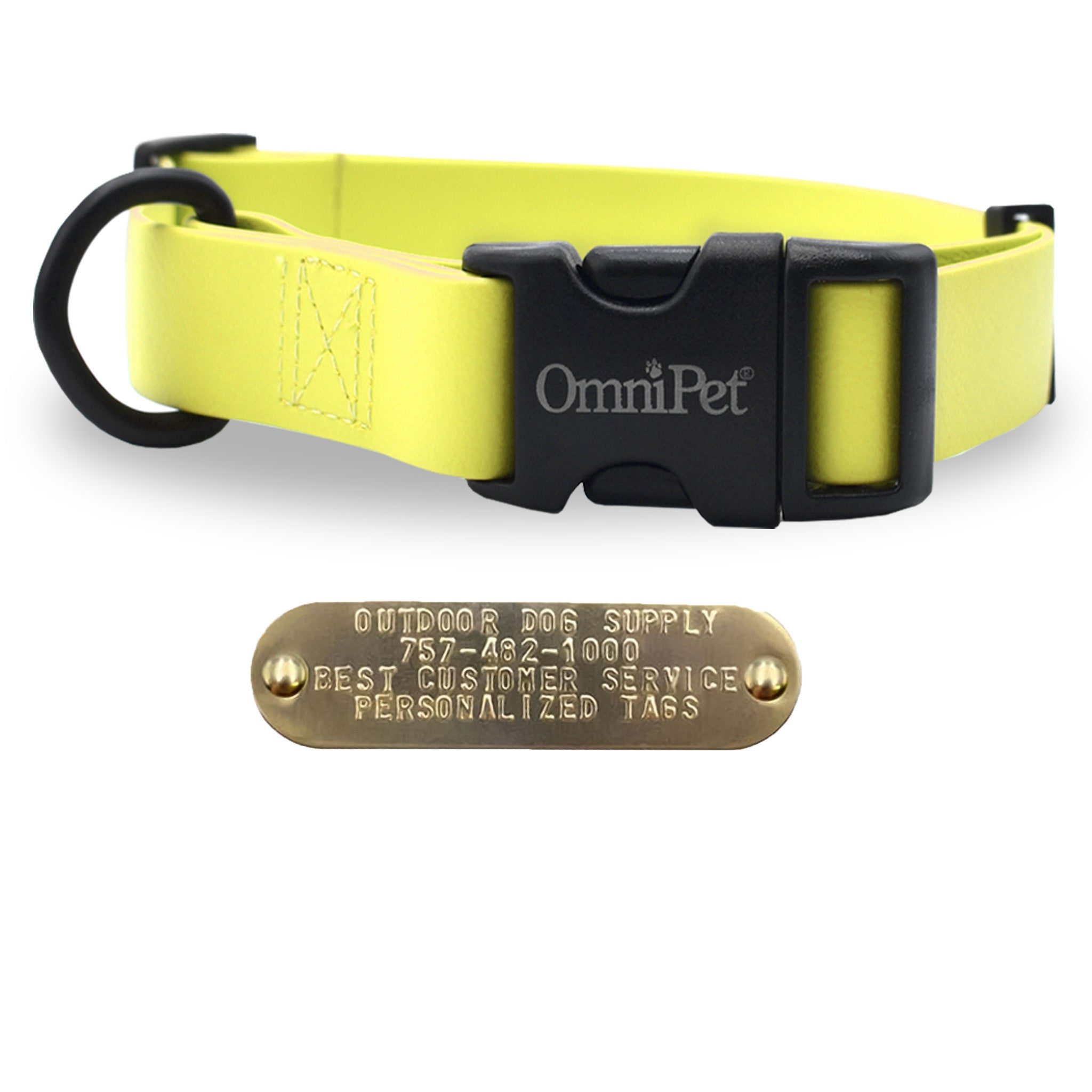 Yellow 1-inch Carnival dog collar with free brass nameplate, waterproof and durable for medium to large breeds.