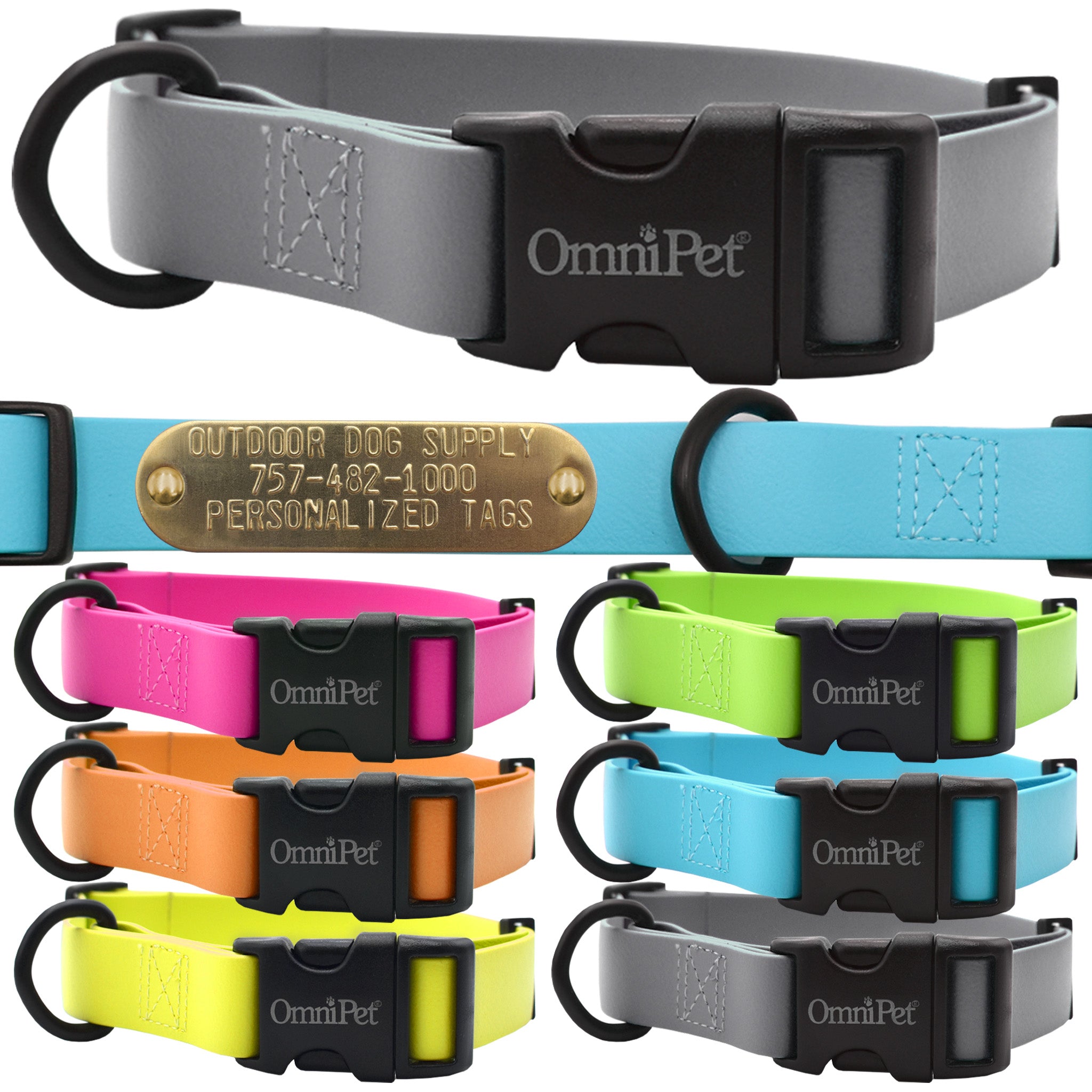 1-inch Carnival dog collar with free brass nameplate, waterproof and durable for medium to large breeds in gray, pink , green, orange, blue, yellow, and gray.