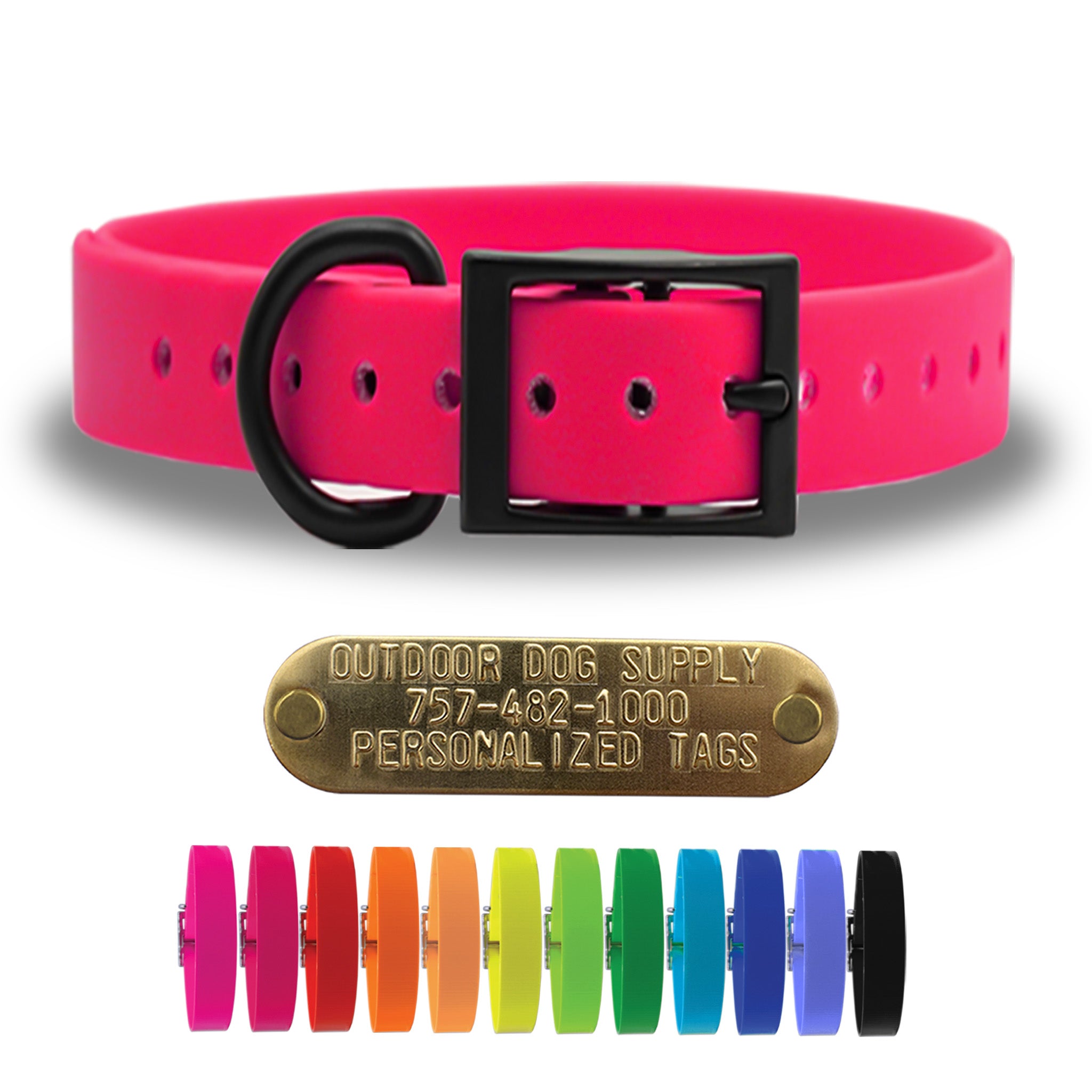 SoftFlex 1" dog collar with black hardware, free brass name plate, and waterproof, odor-resistant leather-like material. Available in multiple colors. Made in USA.