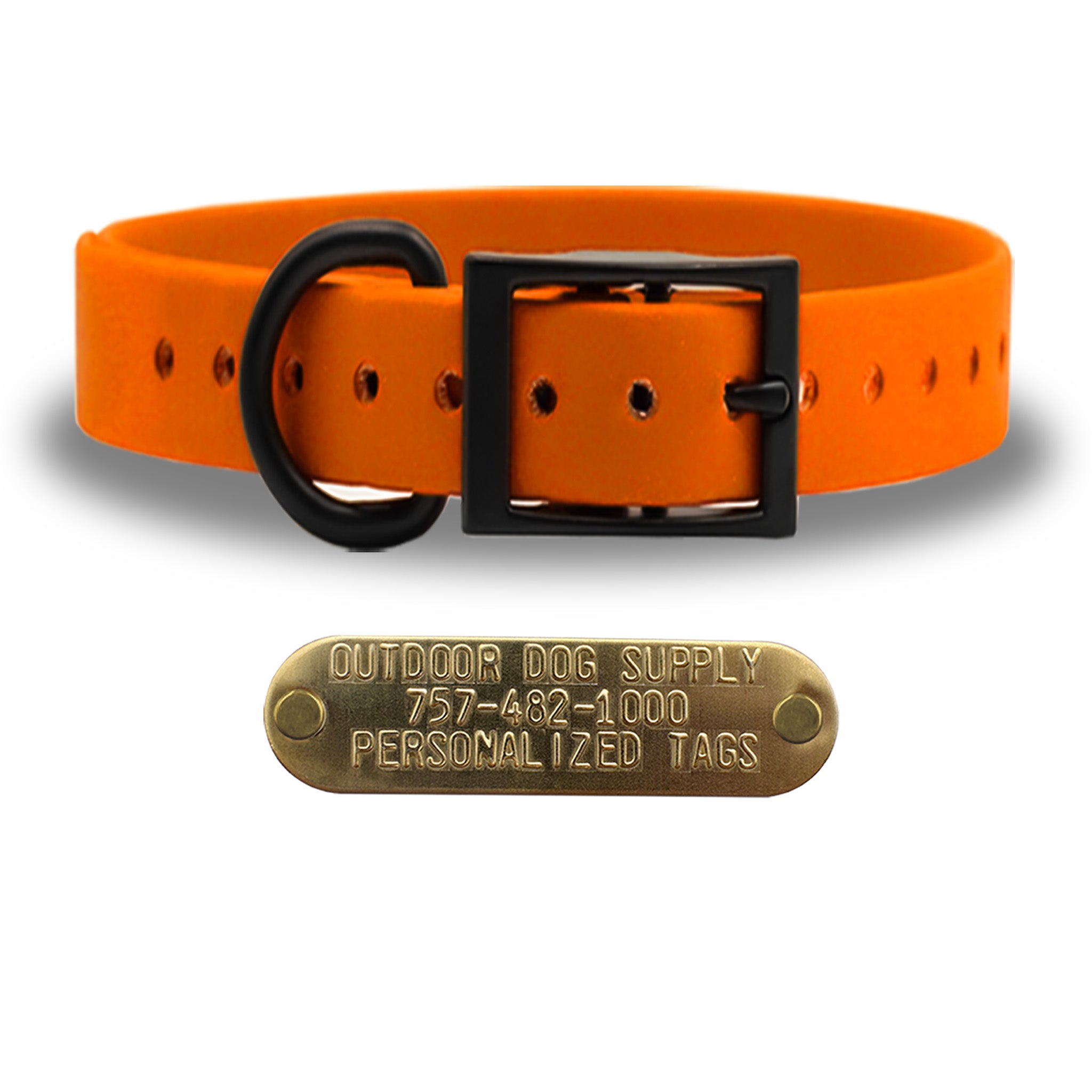 SoftFlex 1" dog collar with black hardware, brass name plate, and waterproof, odor-resistant leather-like material. Made in USA. - Orange Orange