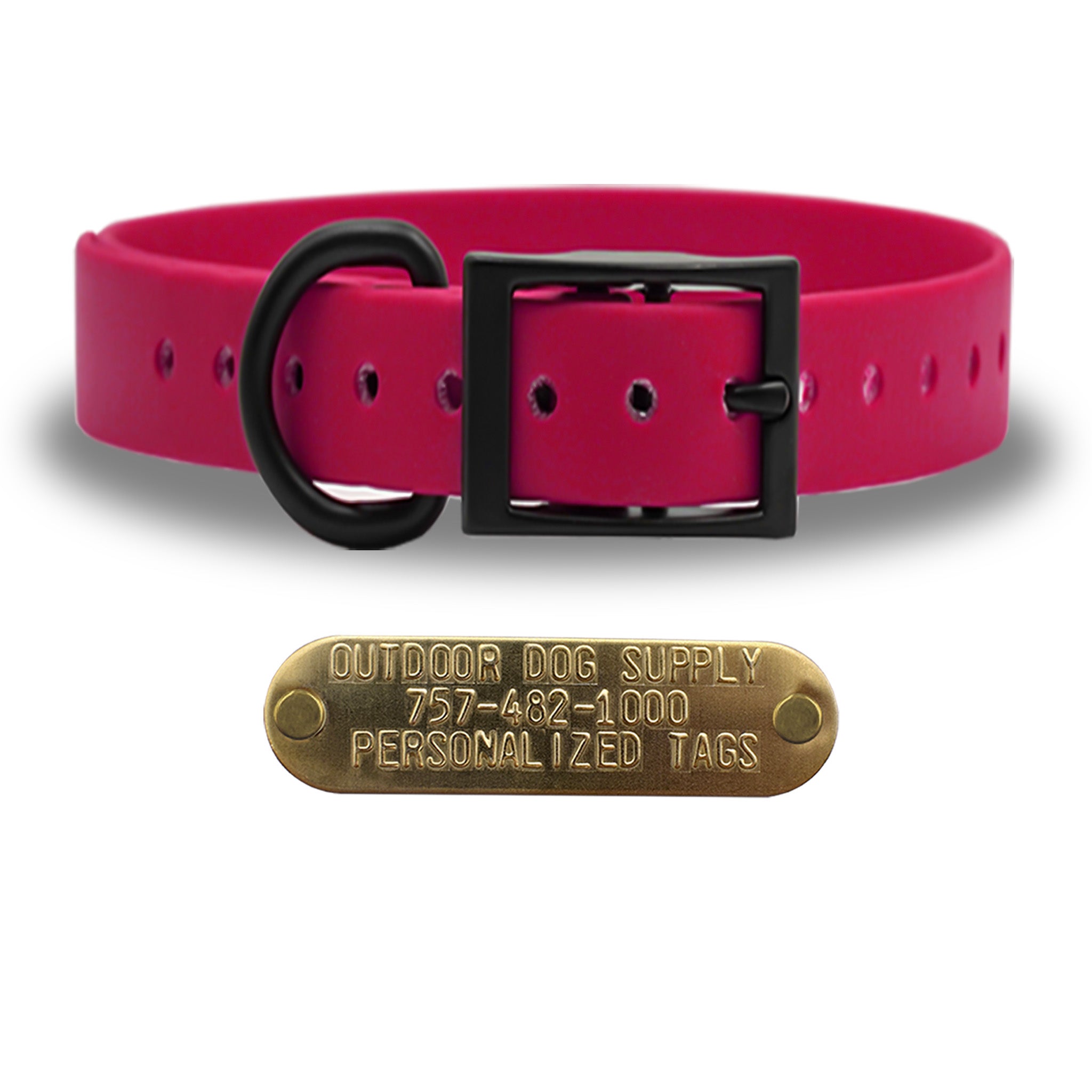SoftFlex 1" dog collar with black hardware, brass name plate, and waterproof, odor-resistant leather-like material. Made in USA. - Raging Raspberry