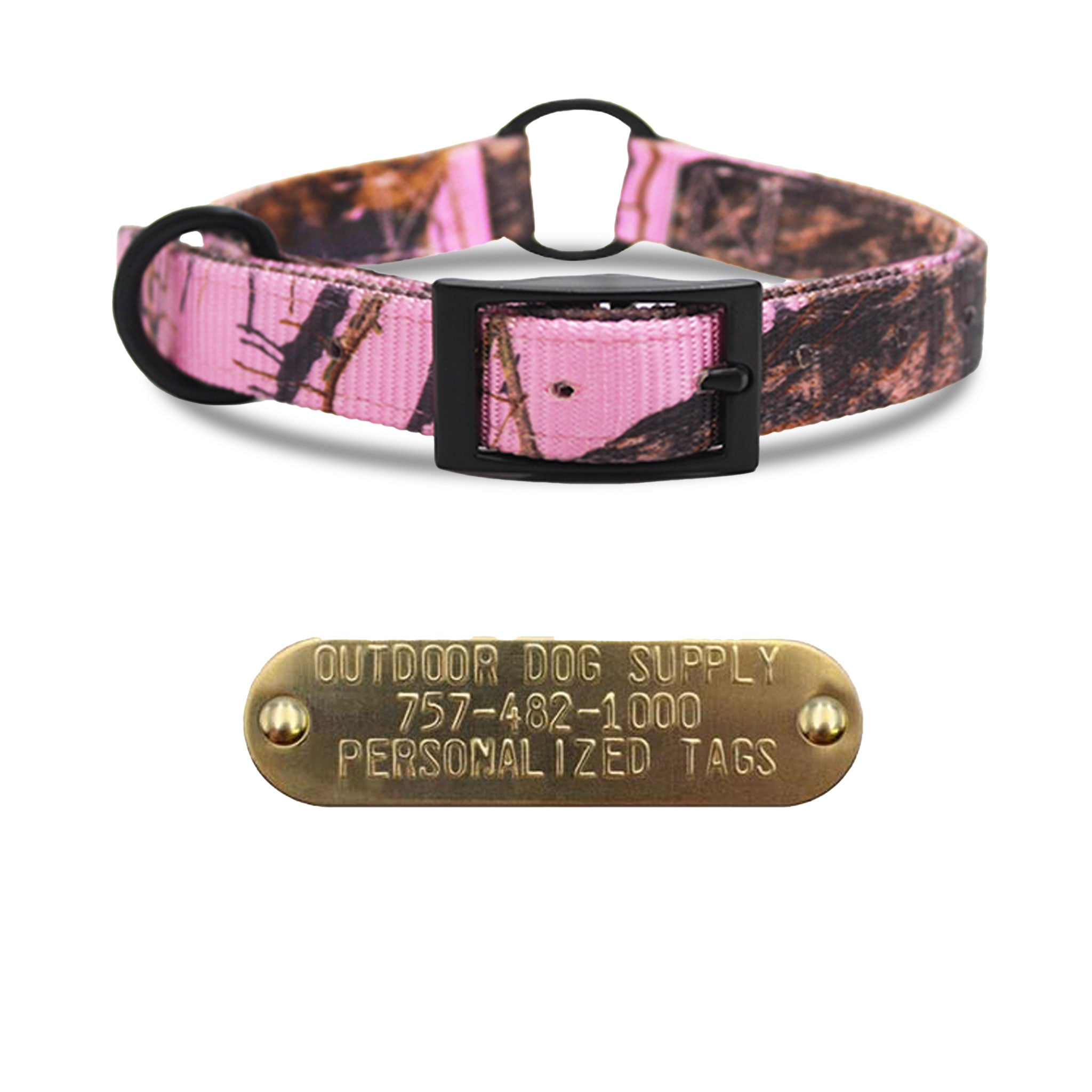 3/4" Nylon Camo Center Ring collar with personalized nameplate- pink camo