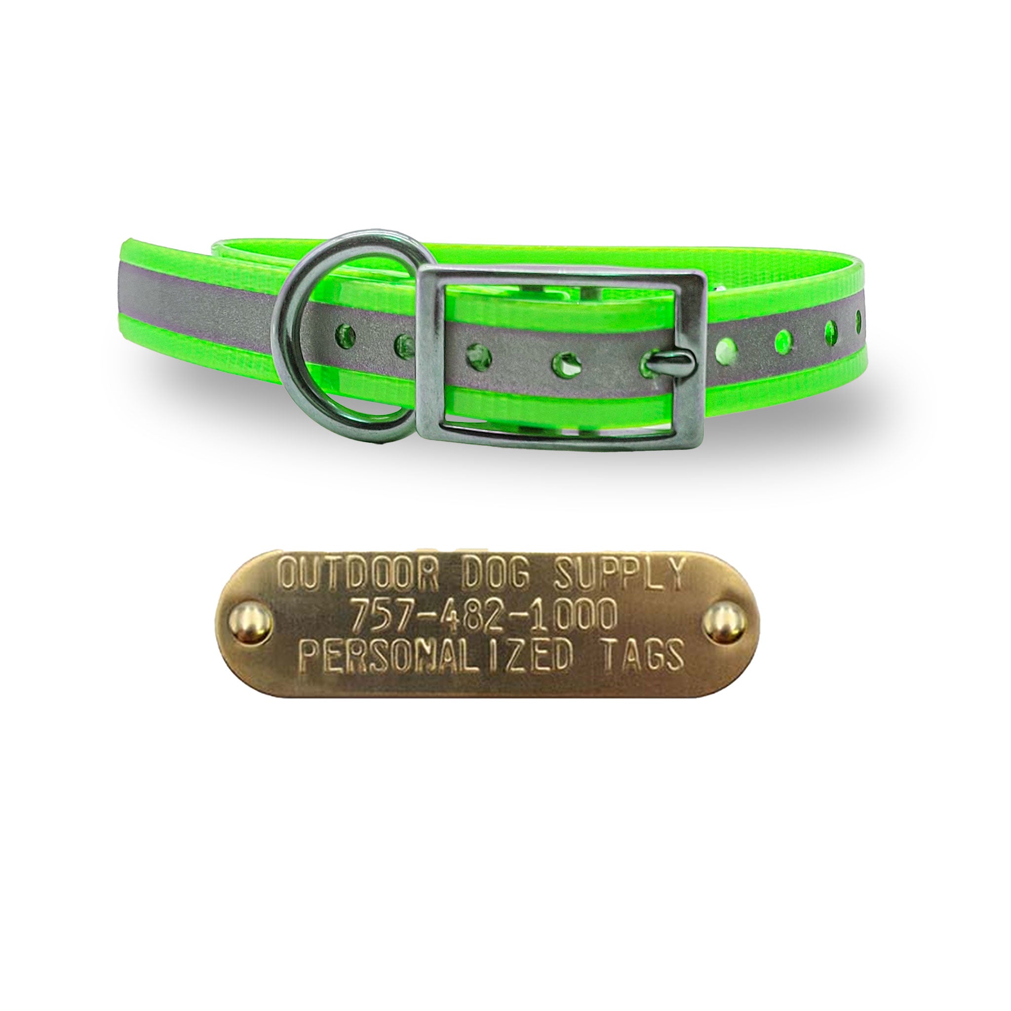 3/4" Stainless Steel D Ring Dog Collar with Personalized Nametag- Reflective Green