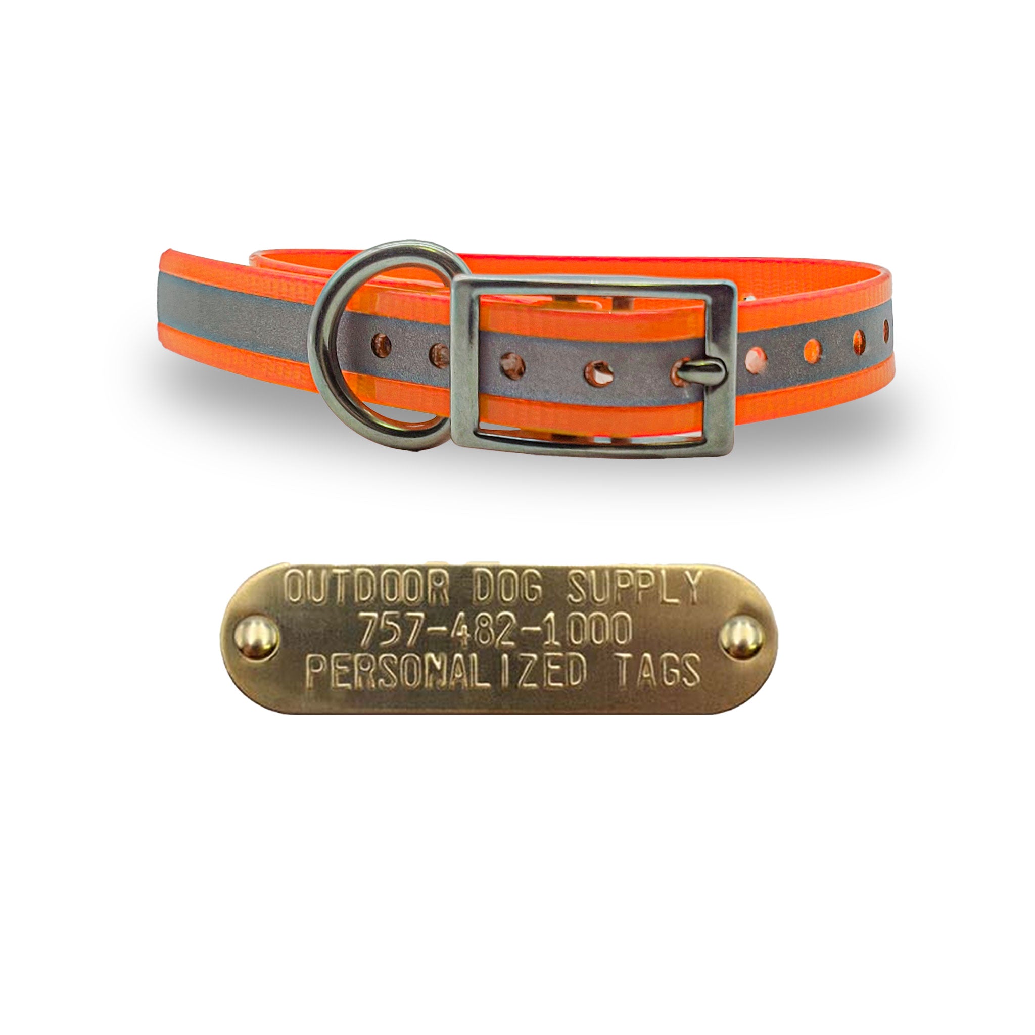 3/4" Stainless Steel D Ring Dog Collar with Personalized Nametag- Reflective Orange
