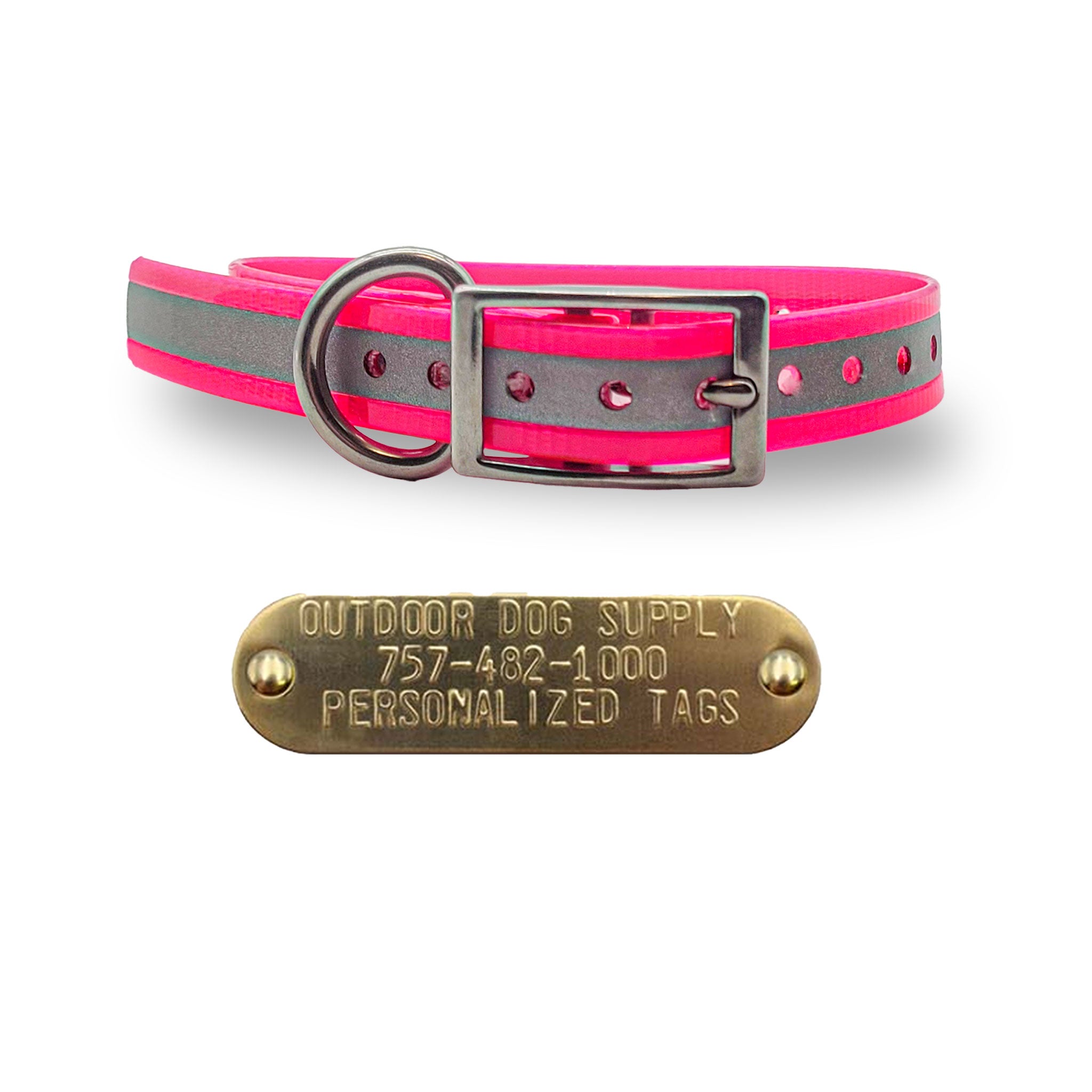 3/4" Stainless Steel D Ring Dog Collar with personalized nametag- Reflective Pink
