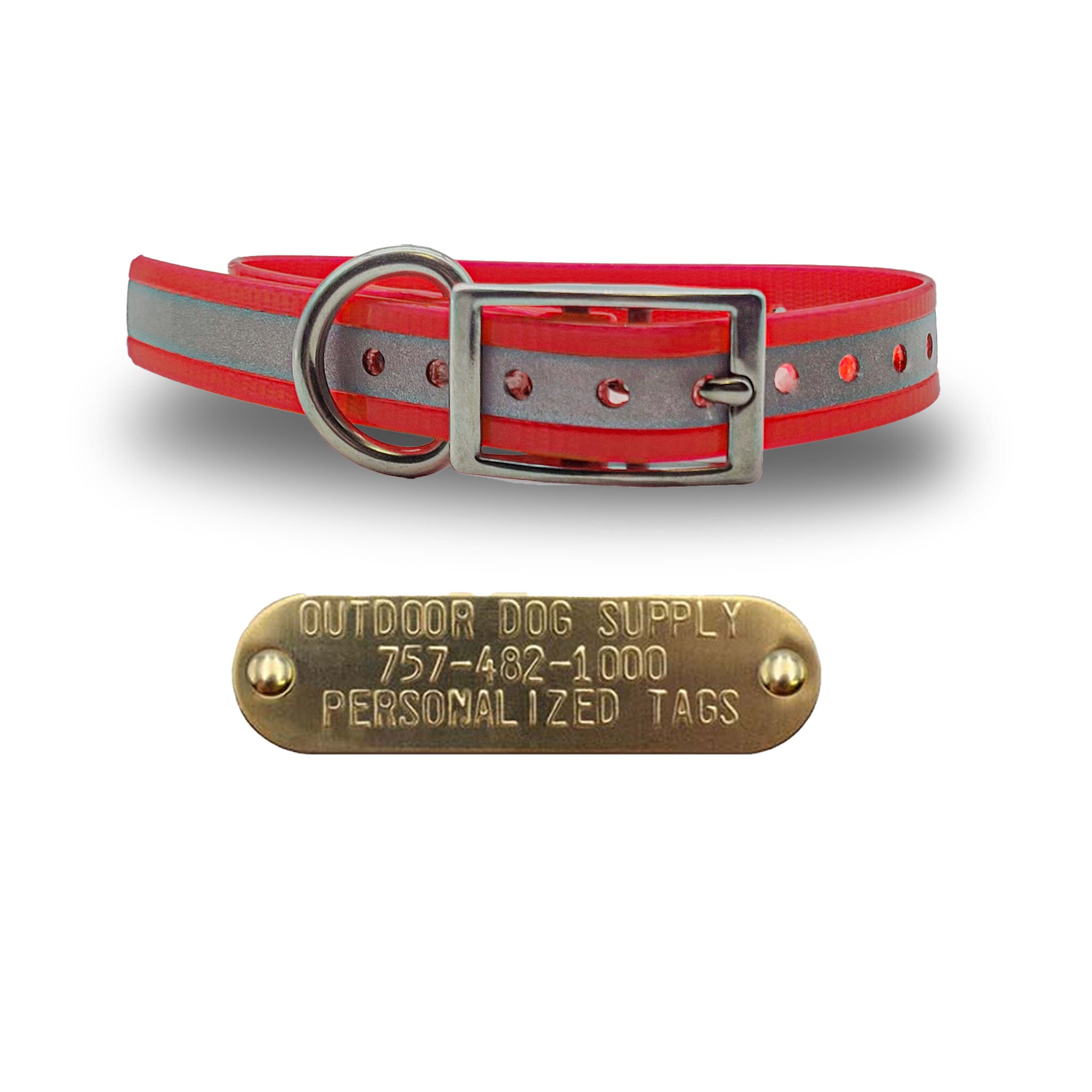 3/4" Stainless Steel D Ring Dog Collar with personalized nametag- Reflective Red